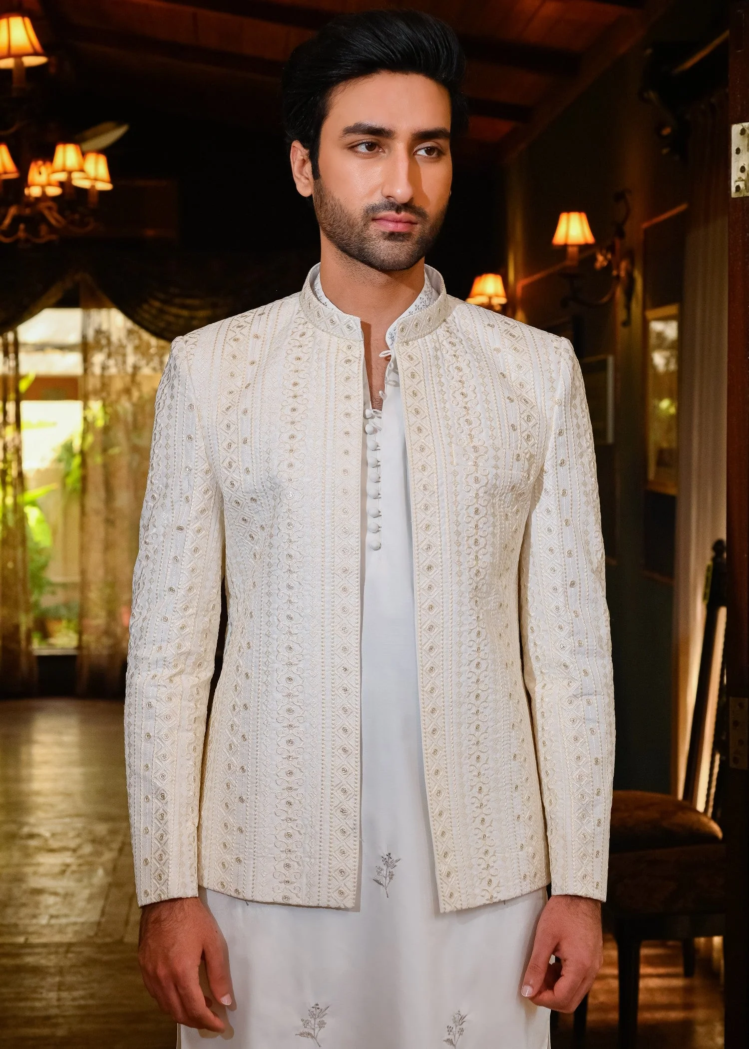 Off White Embroidered Prince Coat