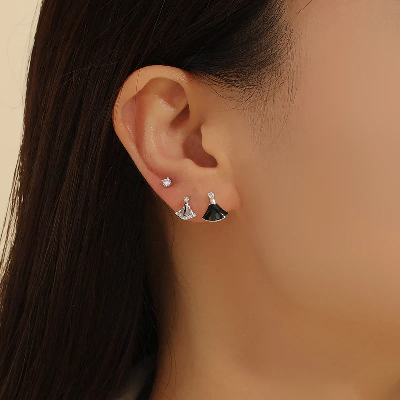 Classy Fan Trio Silver Coating Black Studs