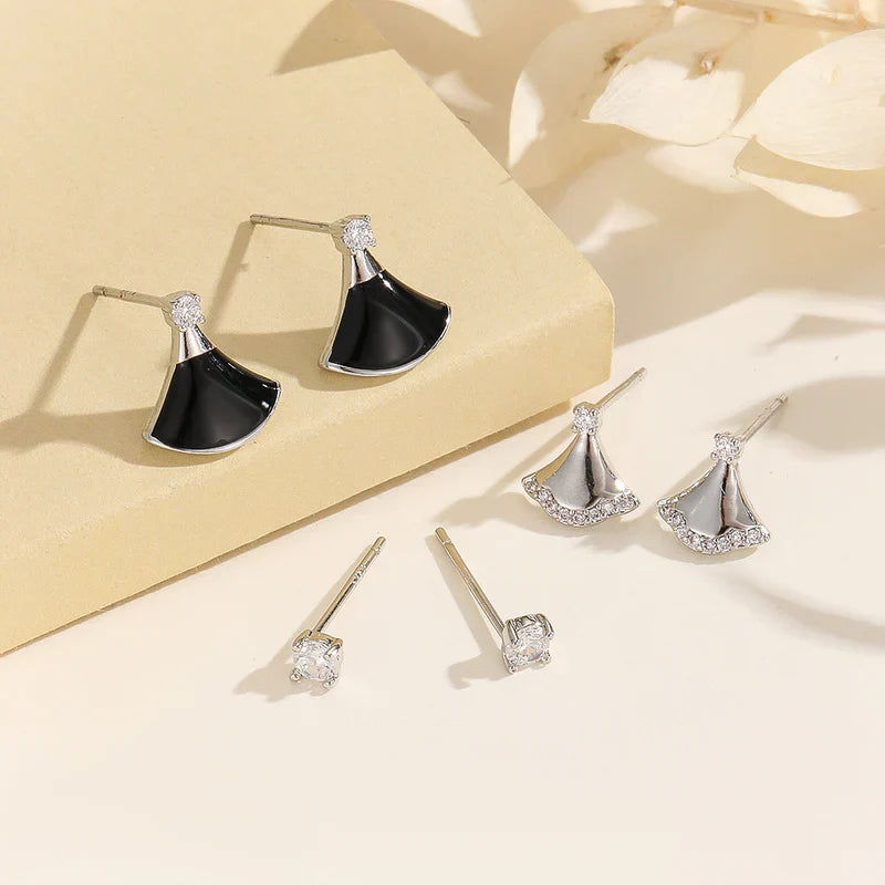 Classy Fan Trio Silver Coating Black Studs