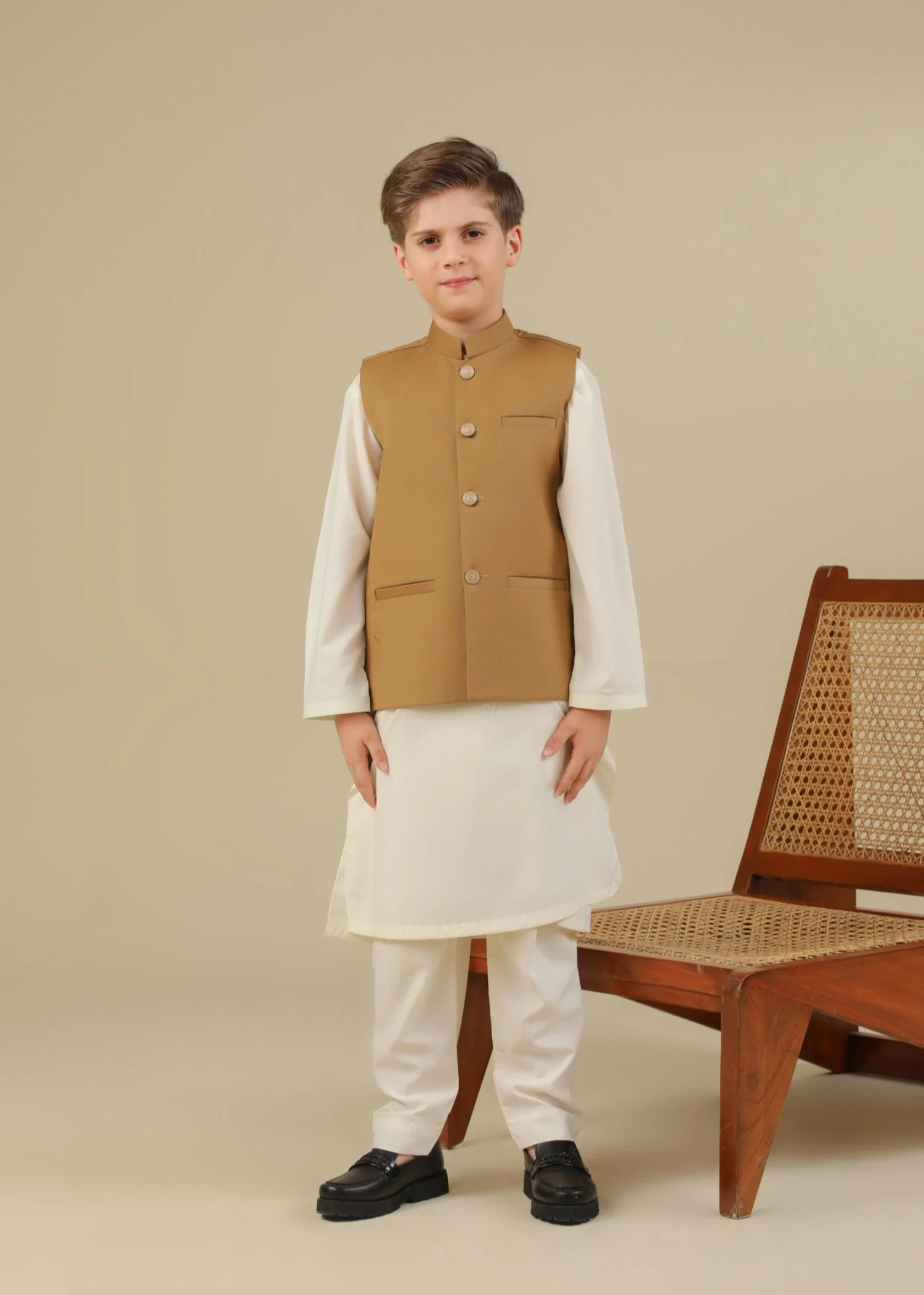 Bosky White Kurta Trouser with Camel Suiting Waistcoat - Straight Cut - Kids