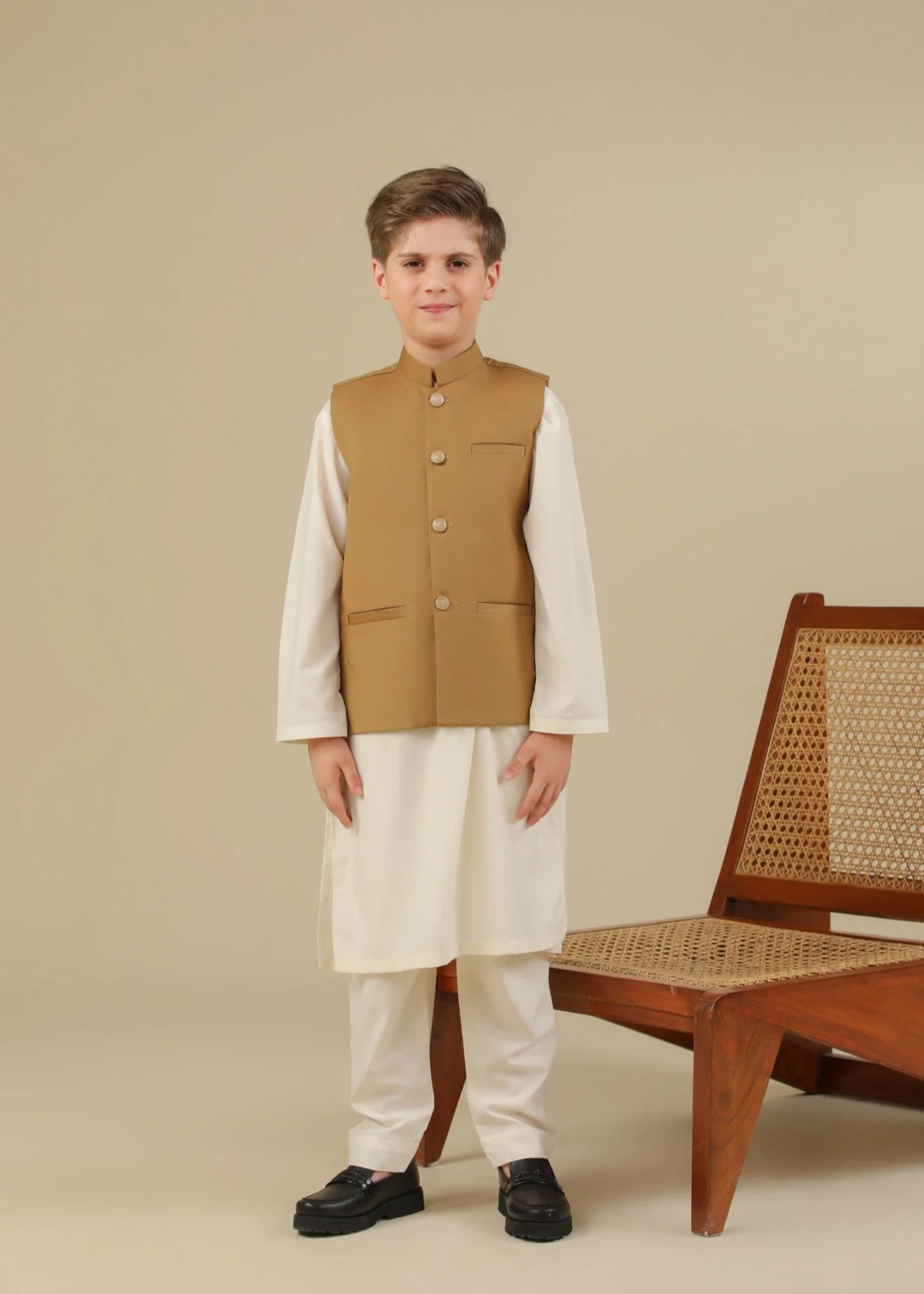Bosky White Kurta Trouser with Camel Suiting Waistcoat - Straight Cut - Kids