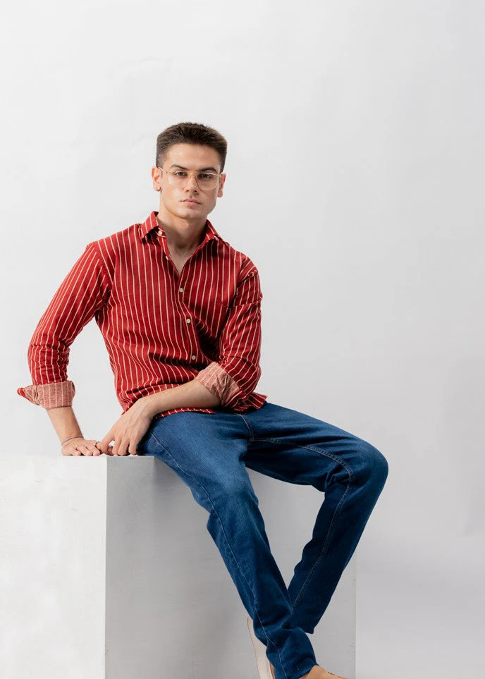Meroon and Yellow Stripe Flannel Shirt