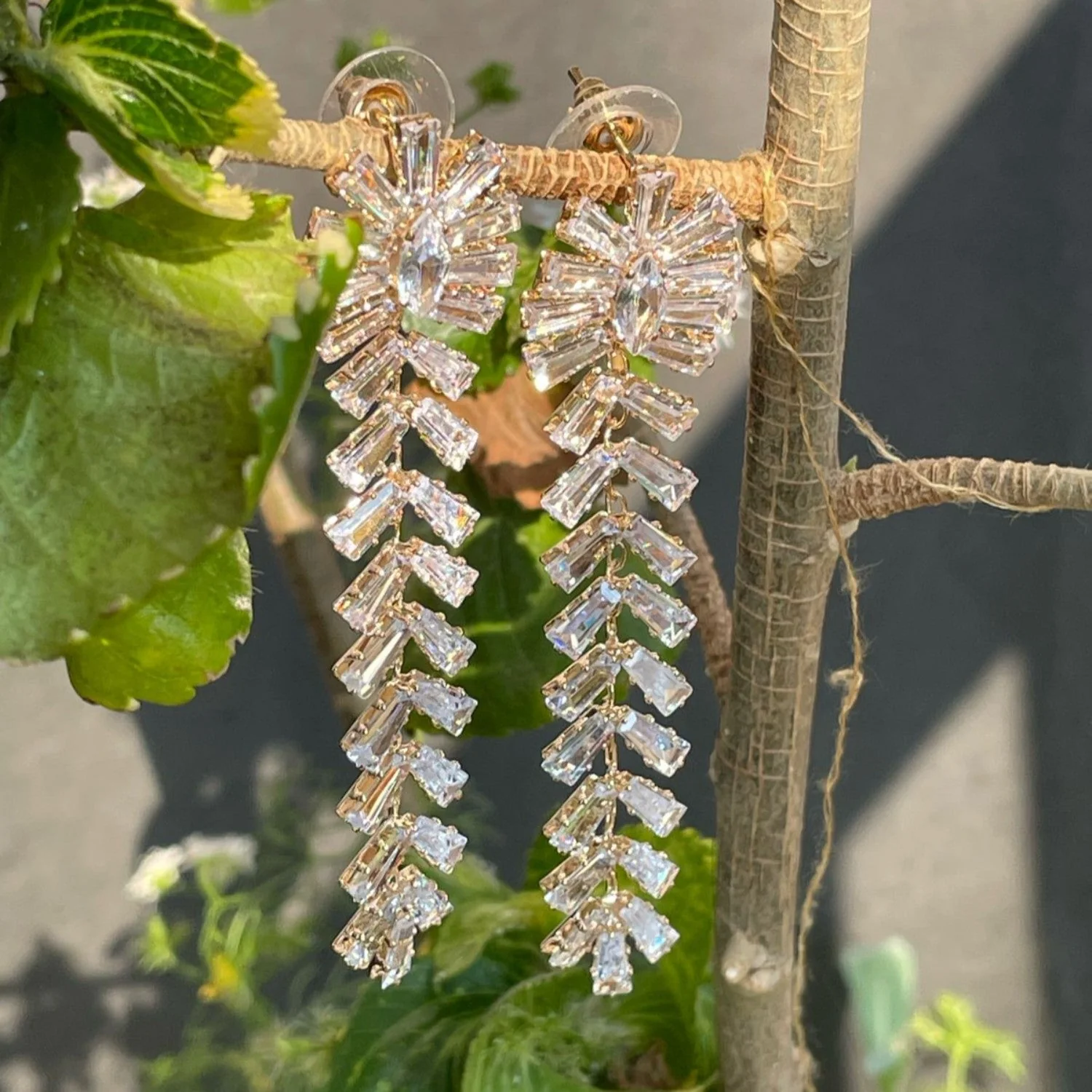 310-New-Gold Stunning Baguette-Cut Zirconia Chandelier Earrings