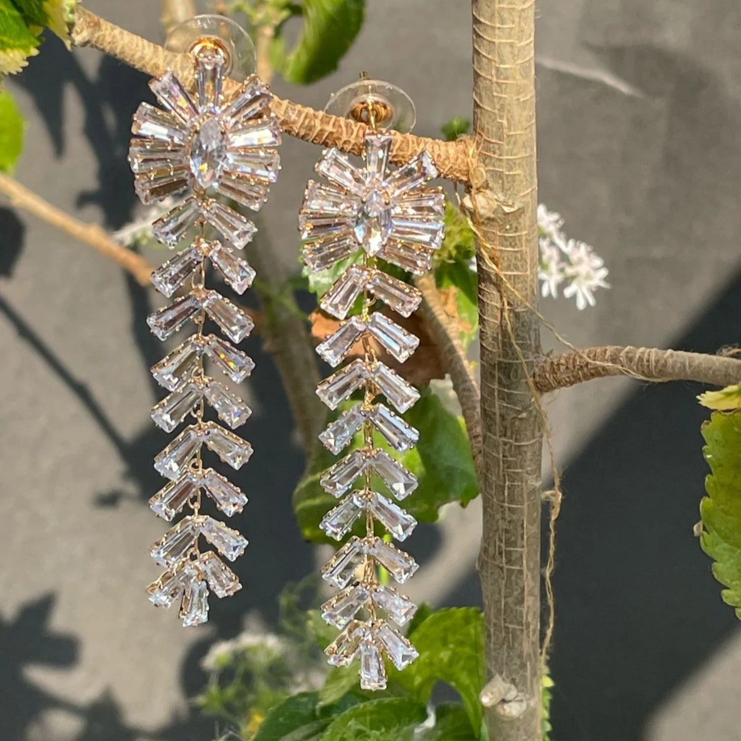 310-New-Gold Stunning Baguette-Cut Zirconia Chandelier Earrings