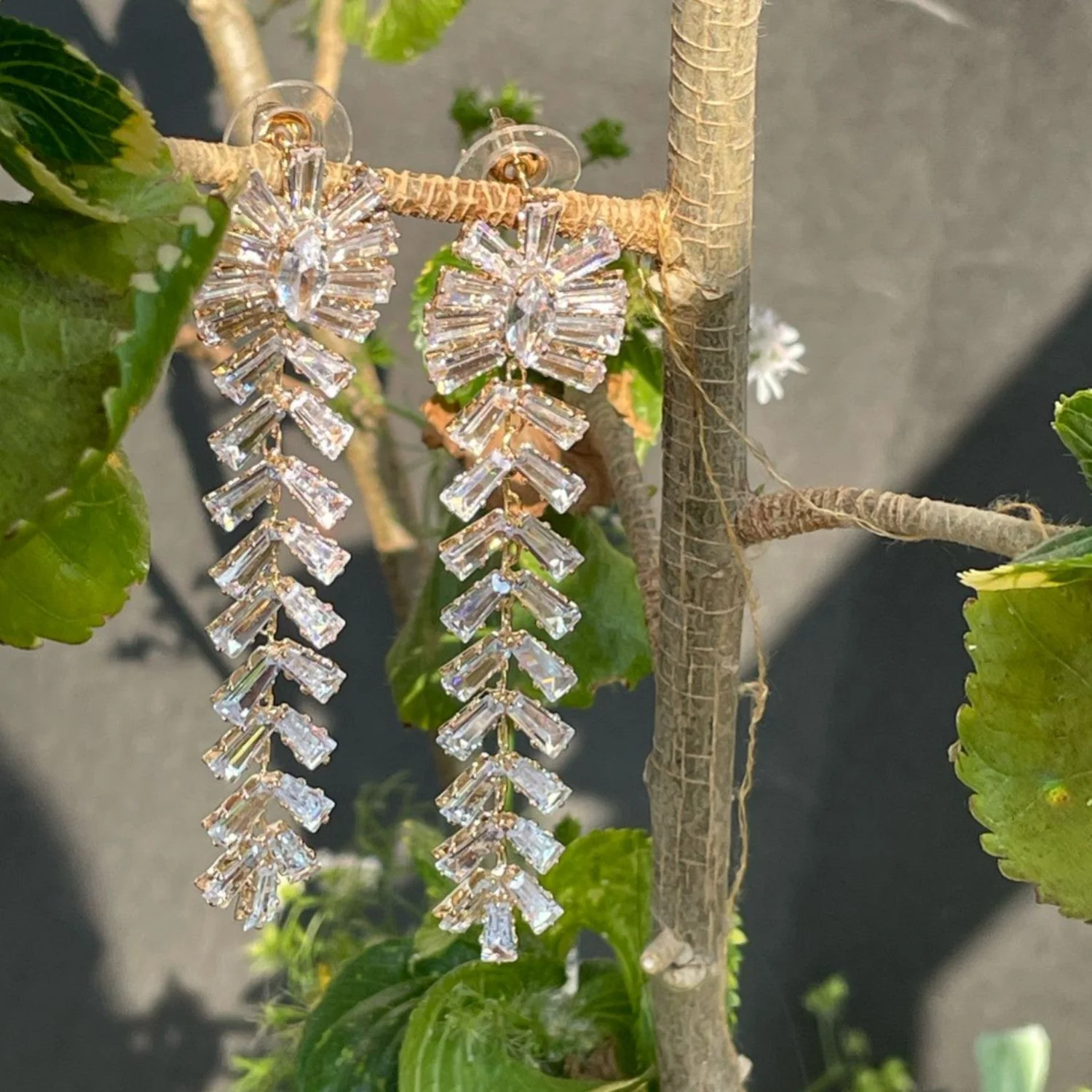 310-New-Gold Stunning Baguette-Cut Zirconia Chandelier Earrings