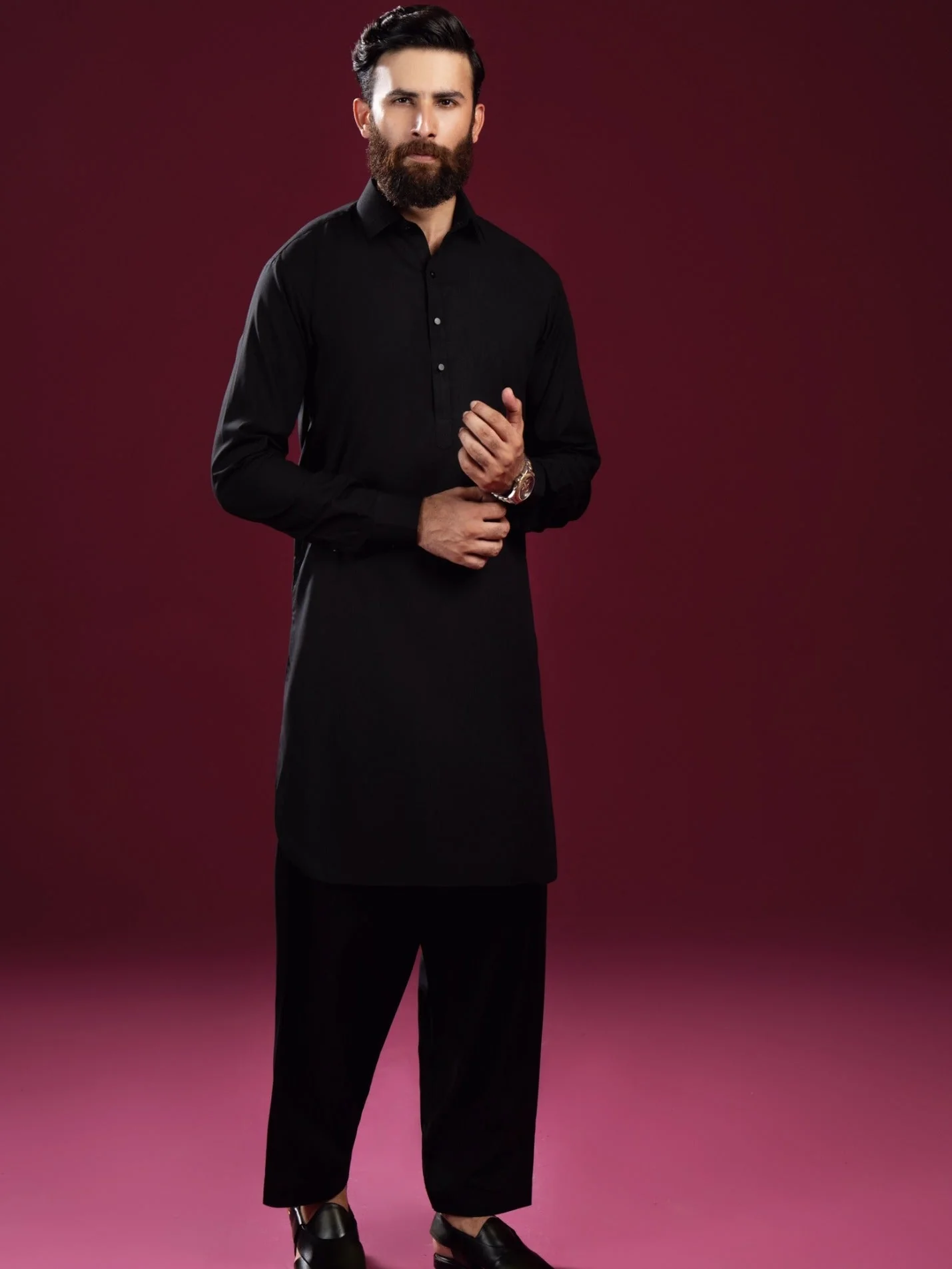 Black French Collar Kameez Shalwar - Men