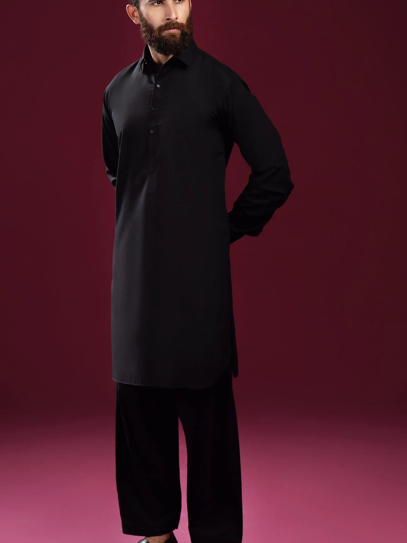 Black French Collar Kameez Shalwar - Men