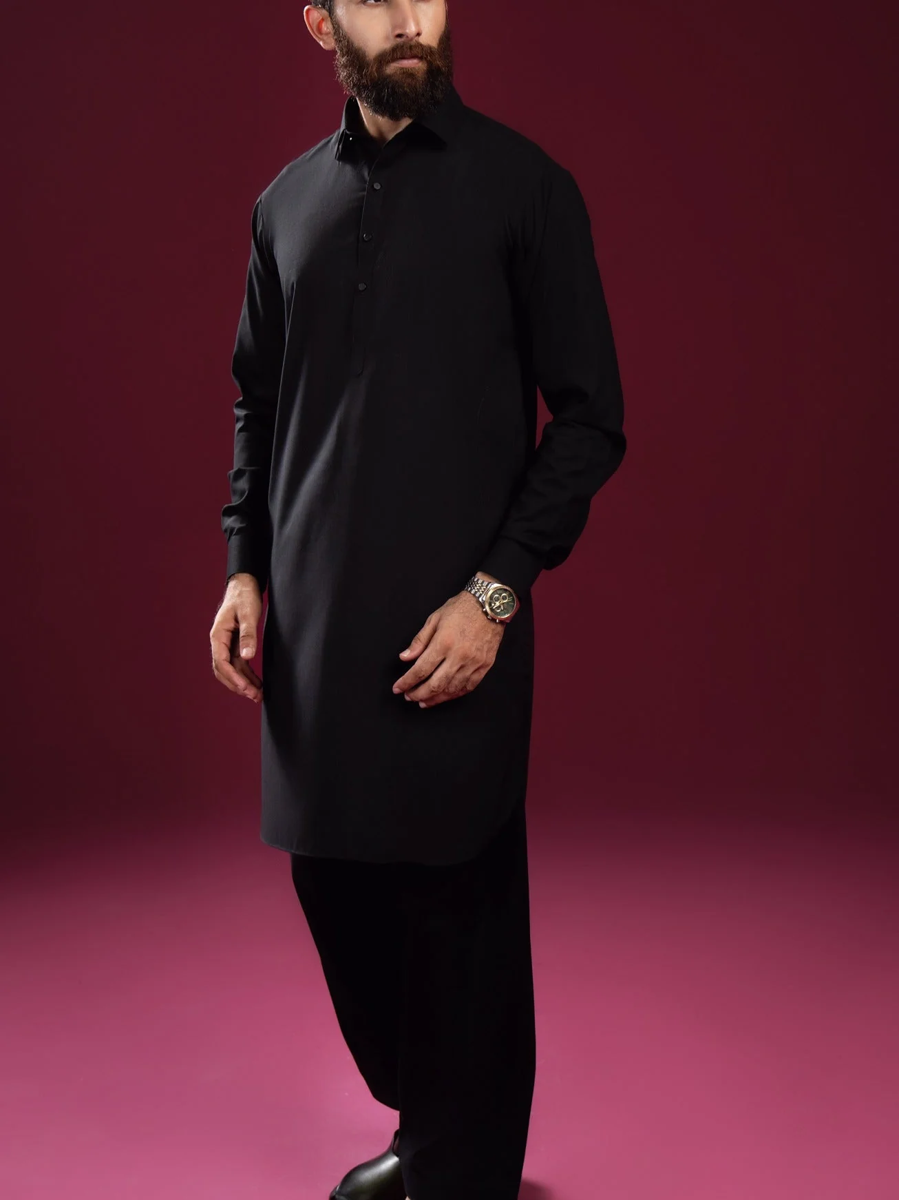 Black French Collar Kameez Shalwar - Men 4 Black French Collar Kameez Shalwar - Men