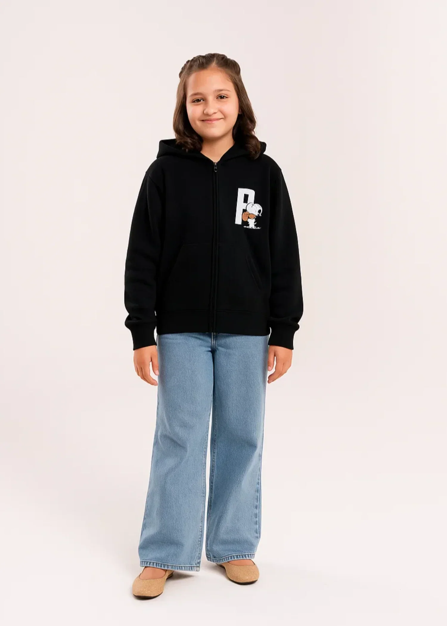 Snoopy Kids Zip-Up Hoodie – Black | 100% Cotton Fleece