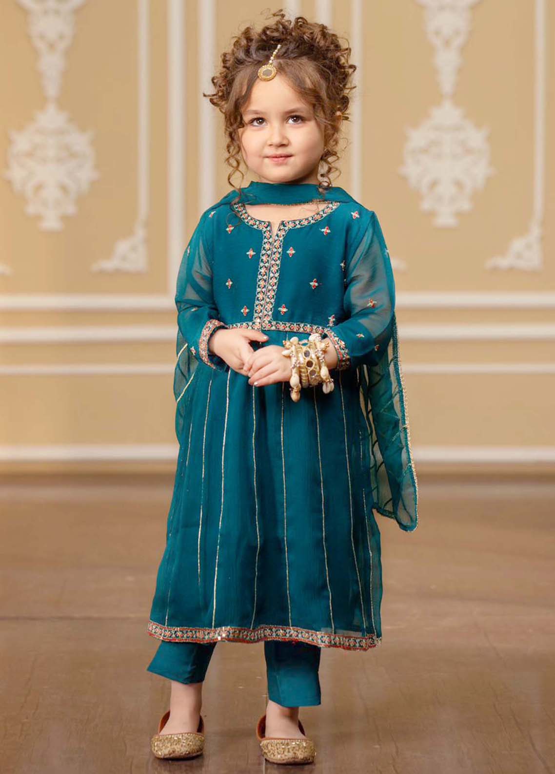 3 Piece Teal Crinkle Embroidered Suit