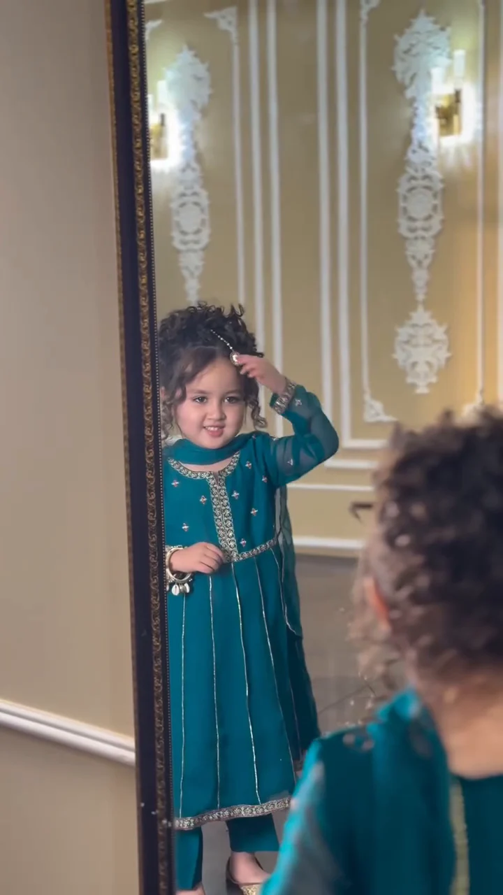 3 Piece Teal Crinkle Embroidered Suit