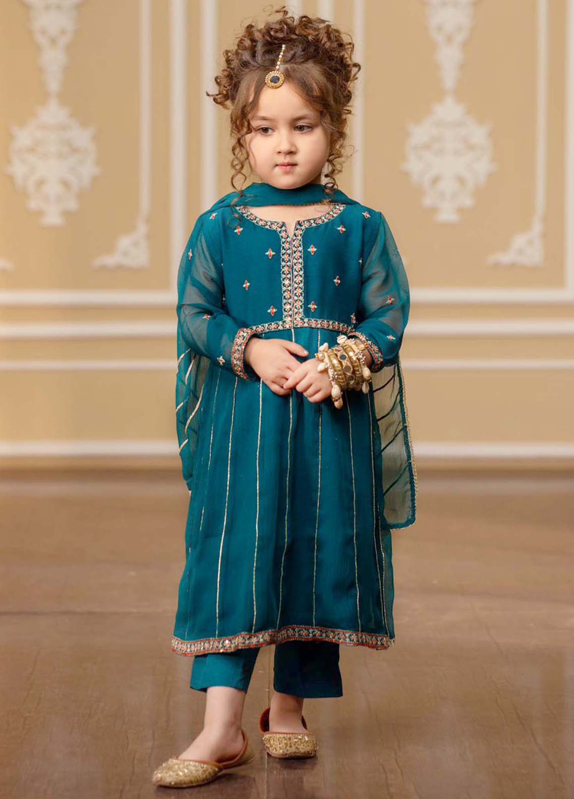 3 Piece Teal Crinkle Embroidered Suit