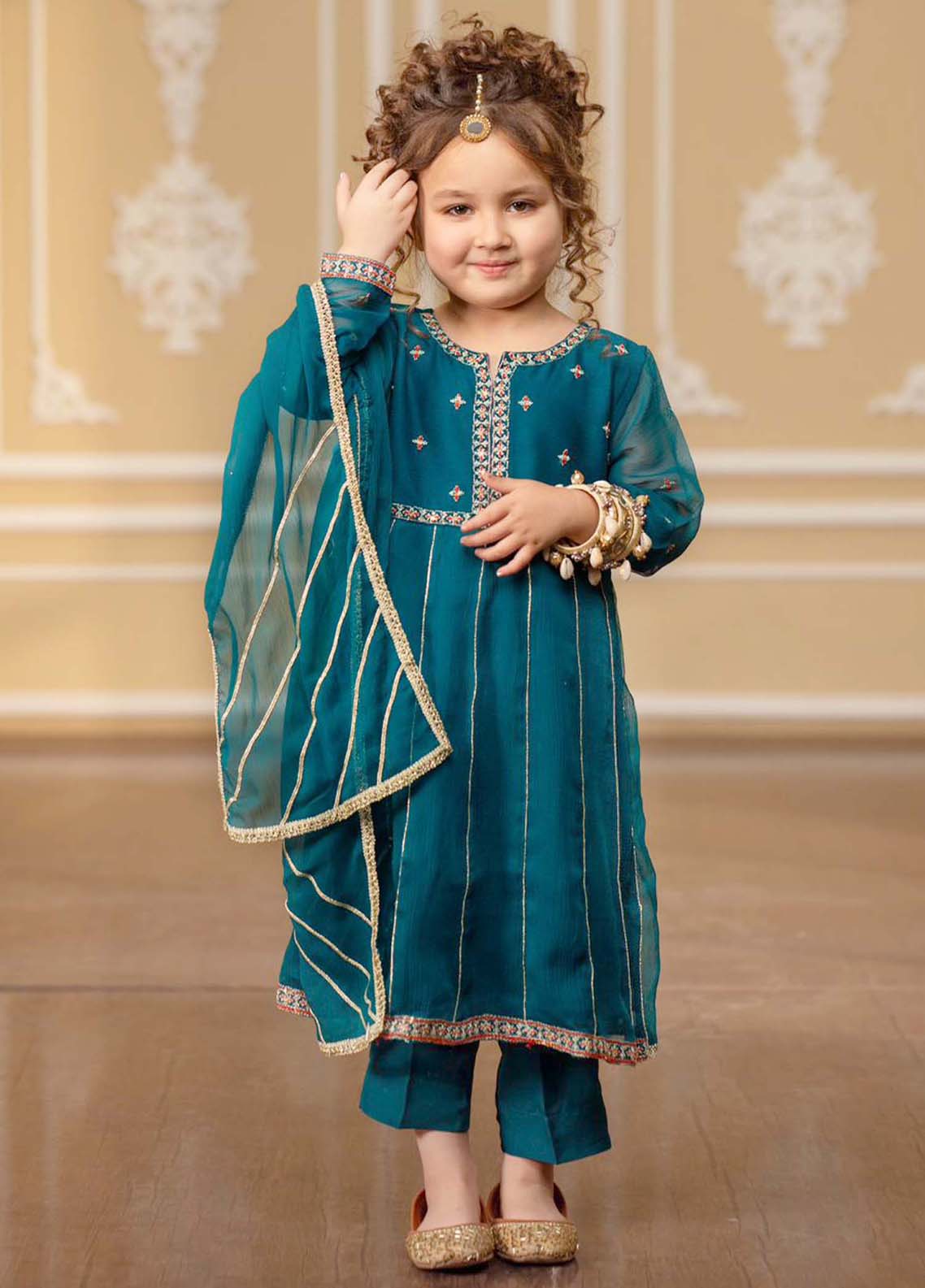 3 Piece Teal Crinkle Embroidered Suit