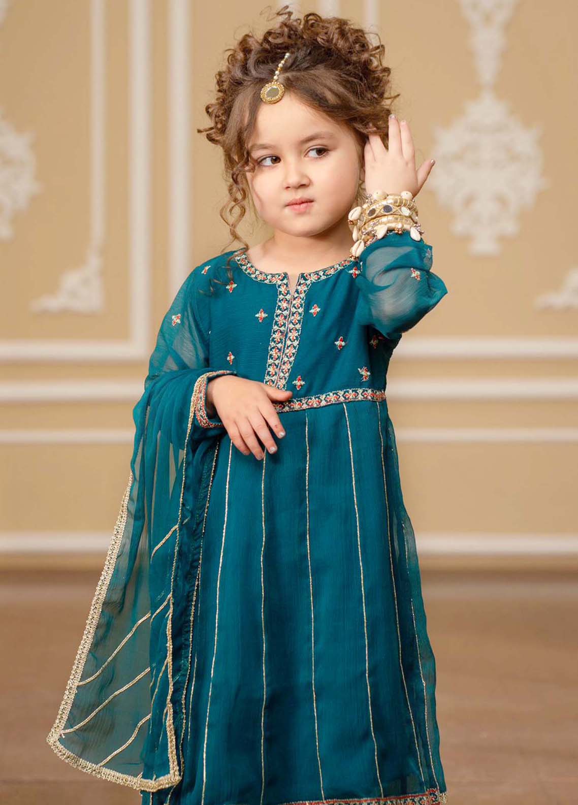 3 Piece Teal Crinkle Embroidered Suit