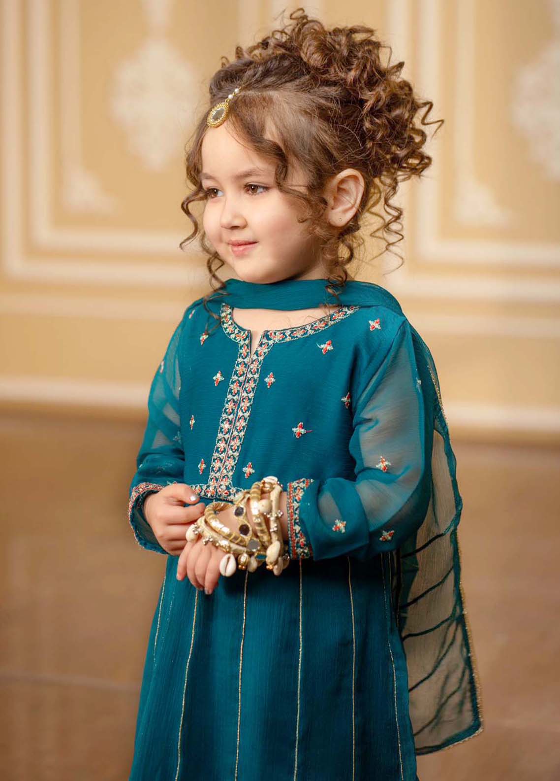 3 Piece Teal Crinkle Embroidered Suit