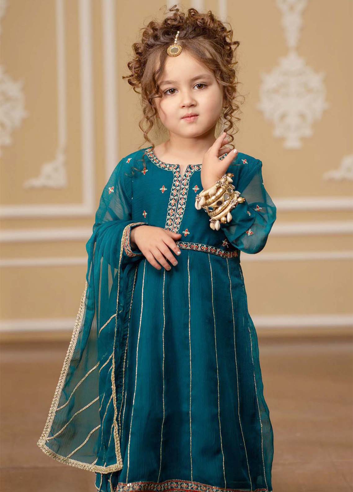 3 Piece Teal Crinkle Embroidered Suit