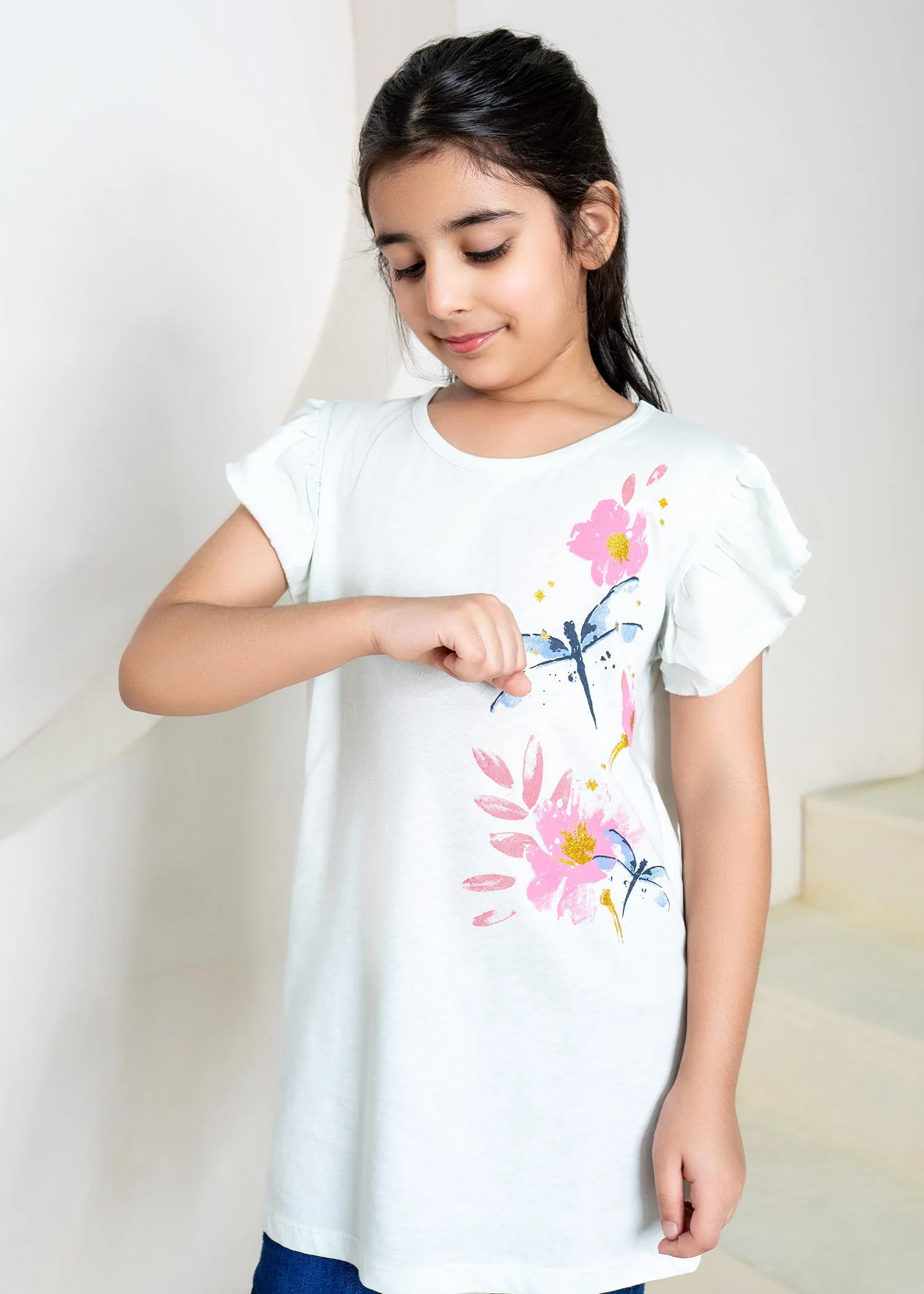 Girls Half Sleeve T-Shirt Flower Print