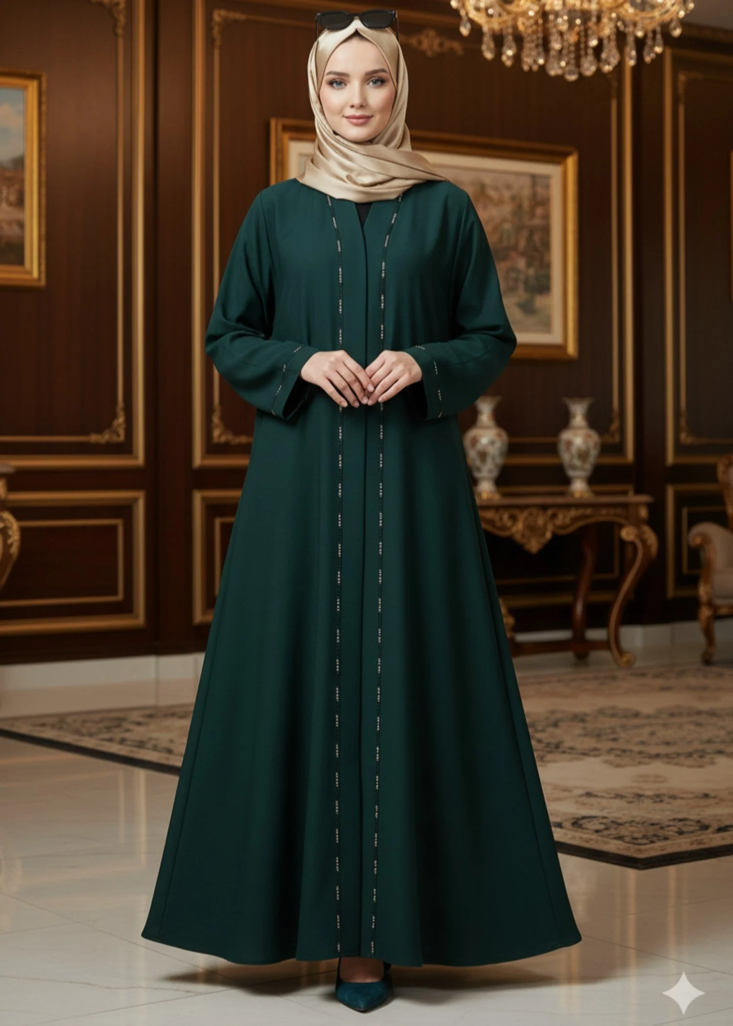 Premium Stone Work Nida Abaya - BOTTLE GREEN