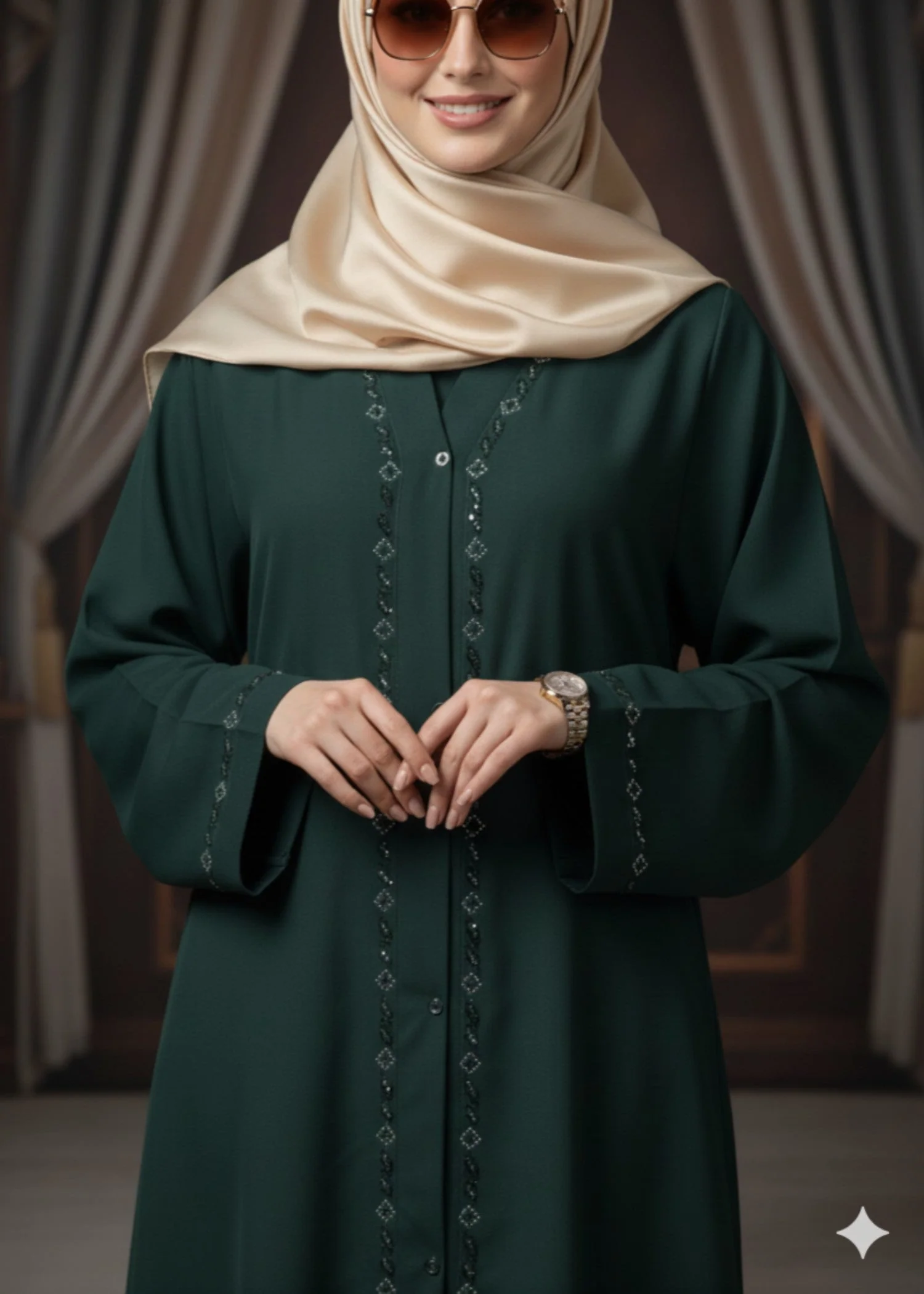Premium Stone Work Nida Abaya - BOTTLE GREEN