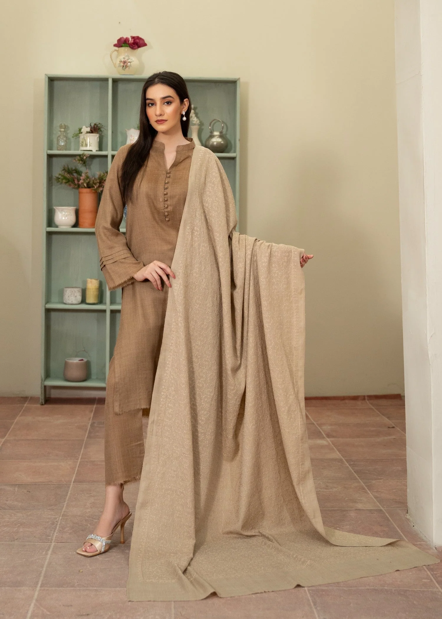 Indian Style Pashmina Wool Embroidered Shawl- Beige 1 Indian Style Pashmina Wool Embroidered Shawl- Beige
