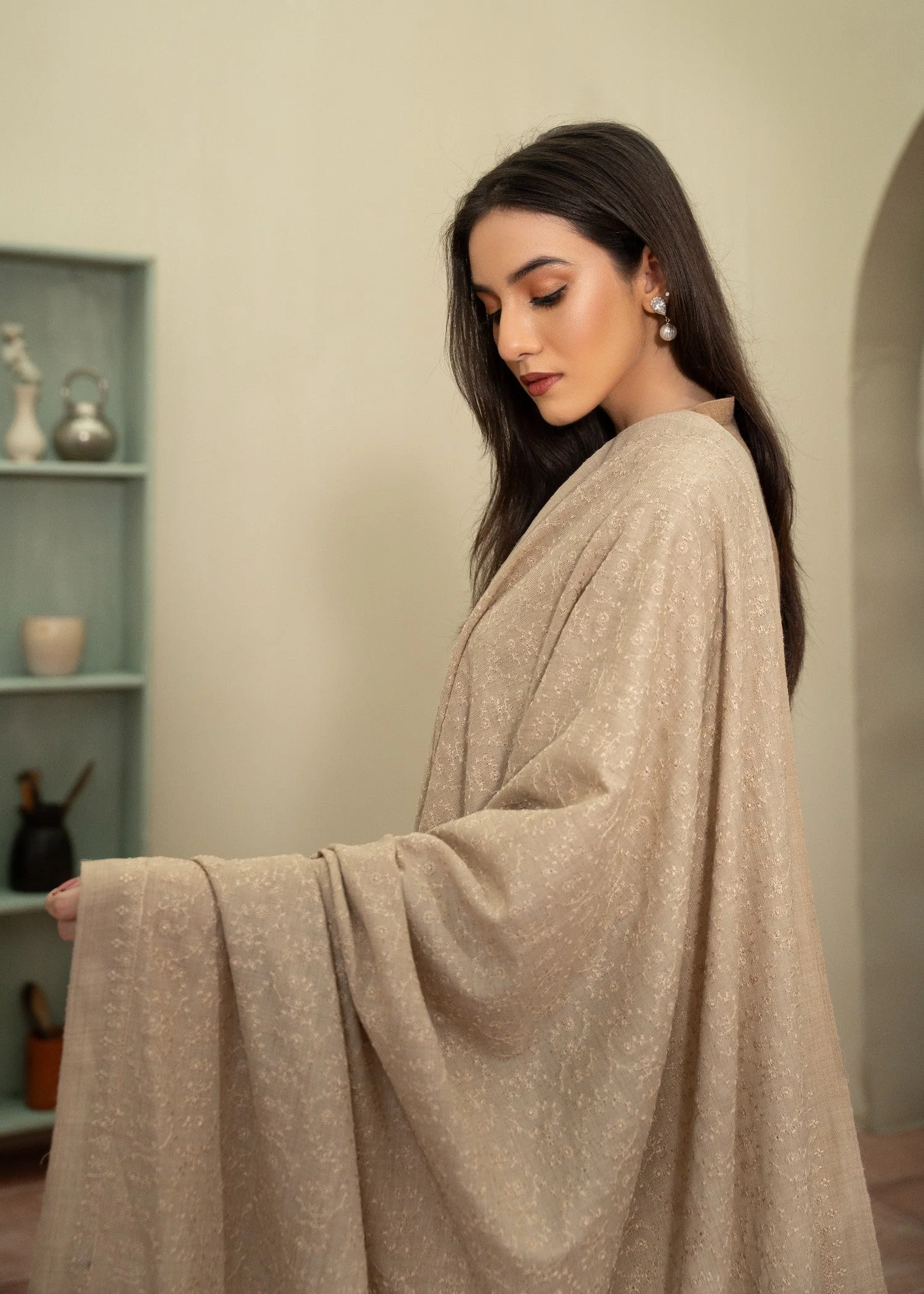 Indian Style Pashmina Wool Embroidered Shawl- Beige 2 Indian Style Pashmina Wool Embroidered Shawl- Beige