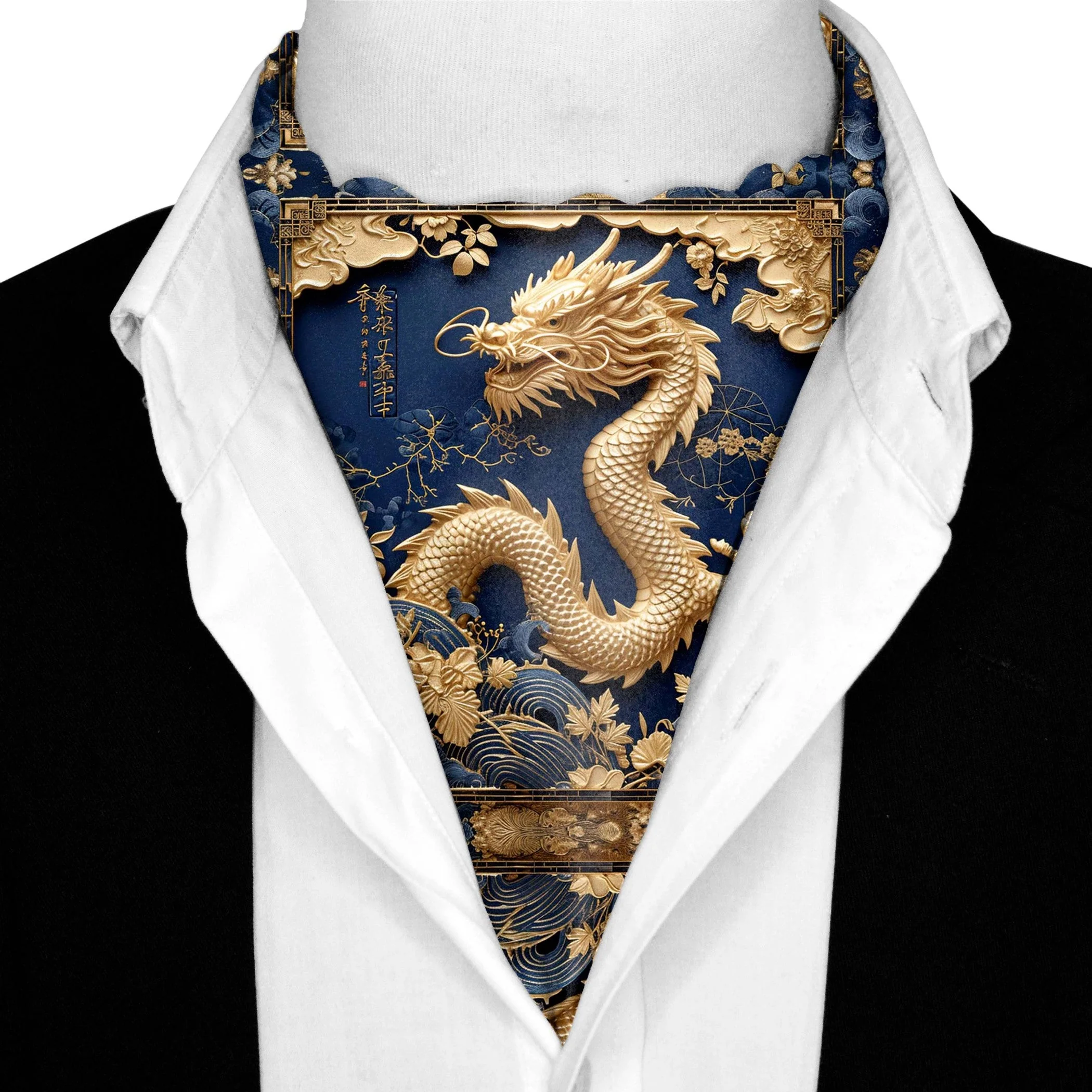 BLACK WOLF - GOLD DRAGON MEN SILK ASCOT