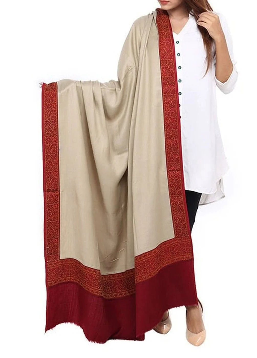 Jacquard Patchwork Shawl - Skin Beige & Maroon Border
