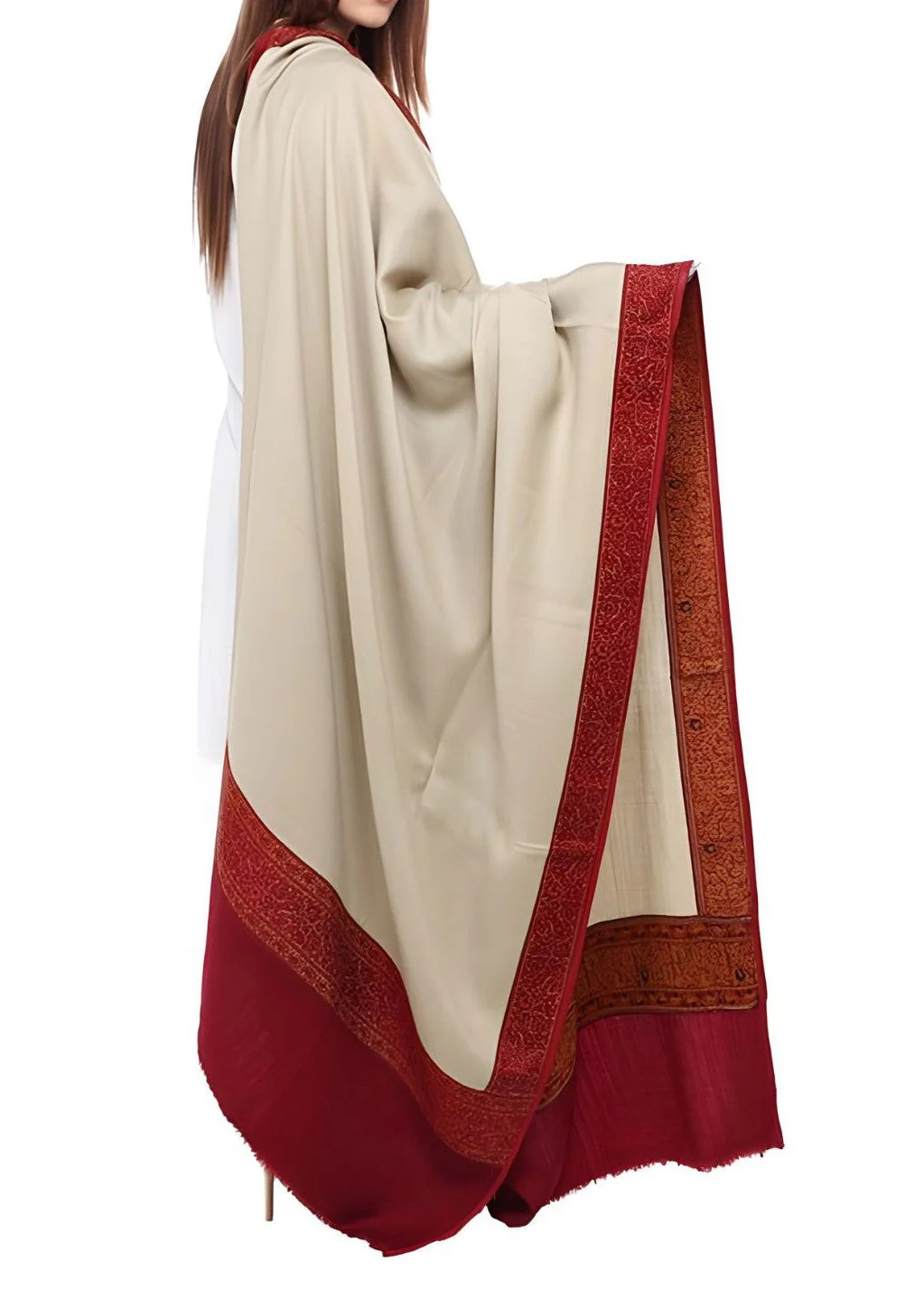 Jacquard Patchwork Shawl - Skin Beige & Maroon Border
