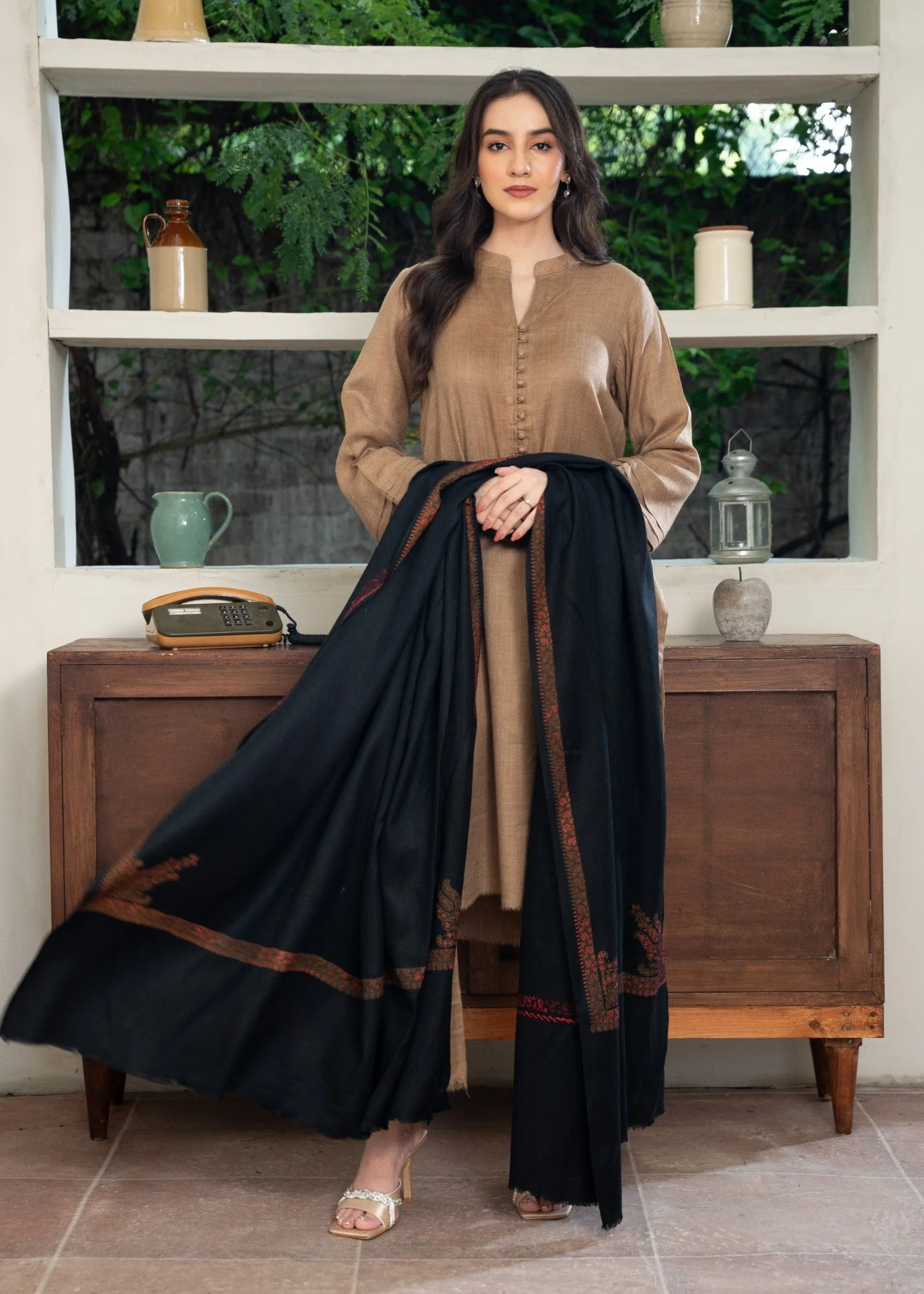 Black Pashmina Handmade Kingri Shawl