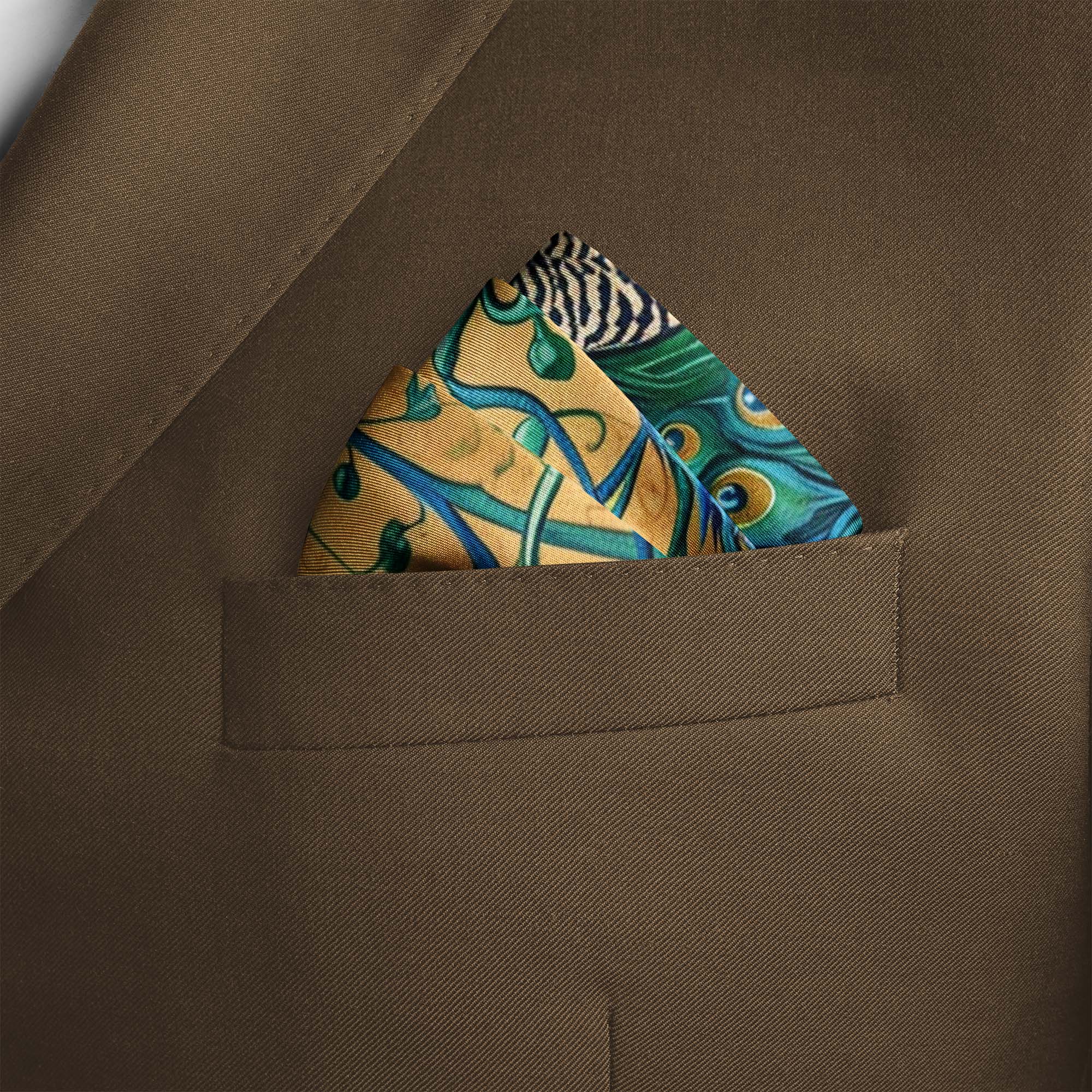 A MAJESTIC PEACOCK SILK POCKET SQUARE