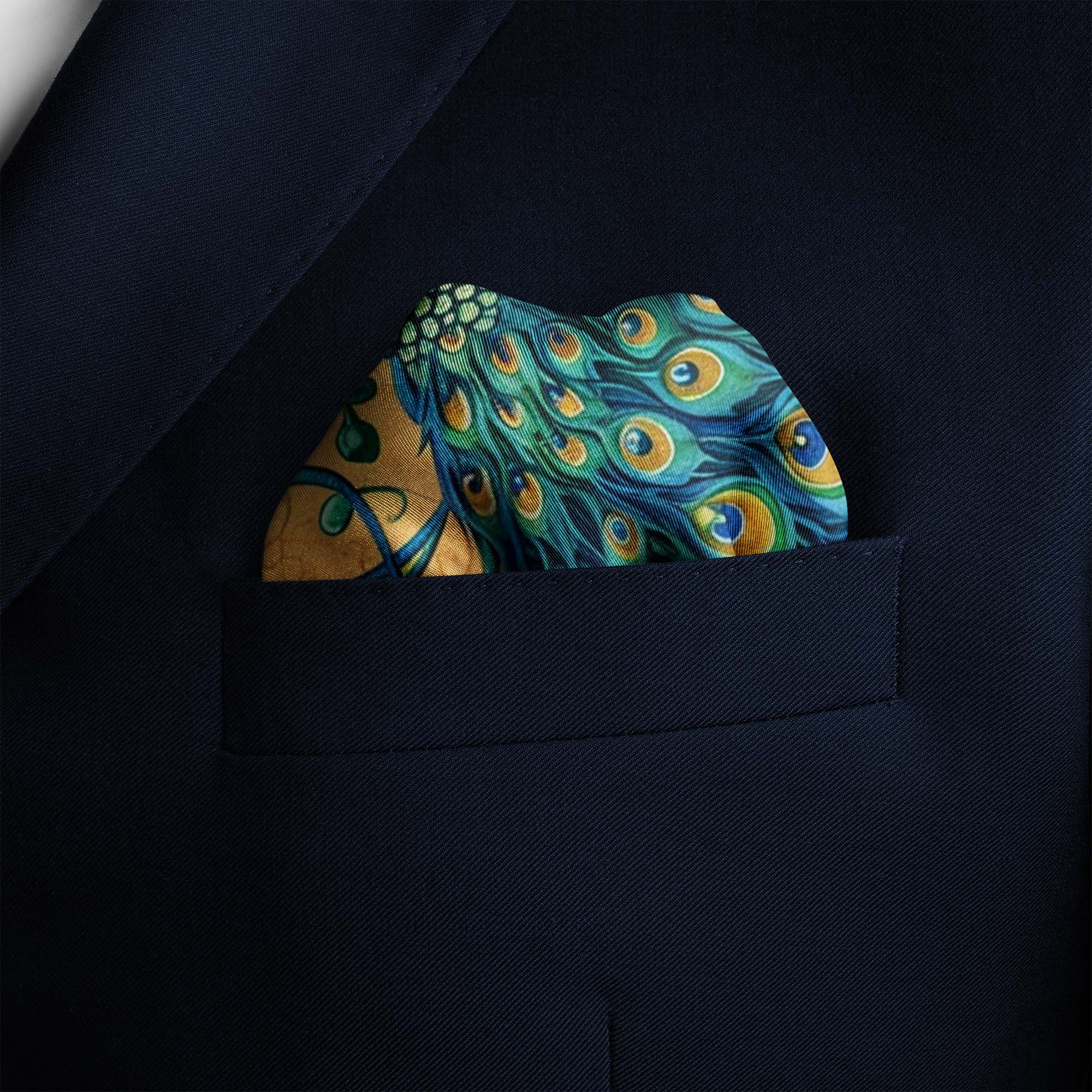 A MAJESTIC PEACOCK SILK POCKET SQUARE 3 A MAJESTIC PEACOCK SILK POCKET SQUARE