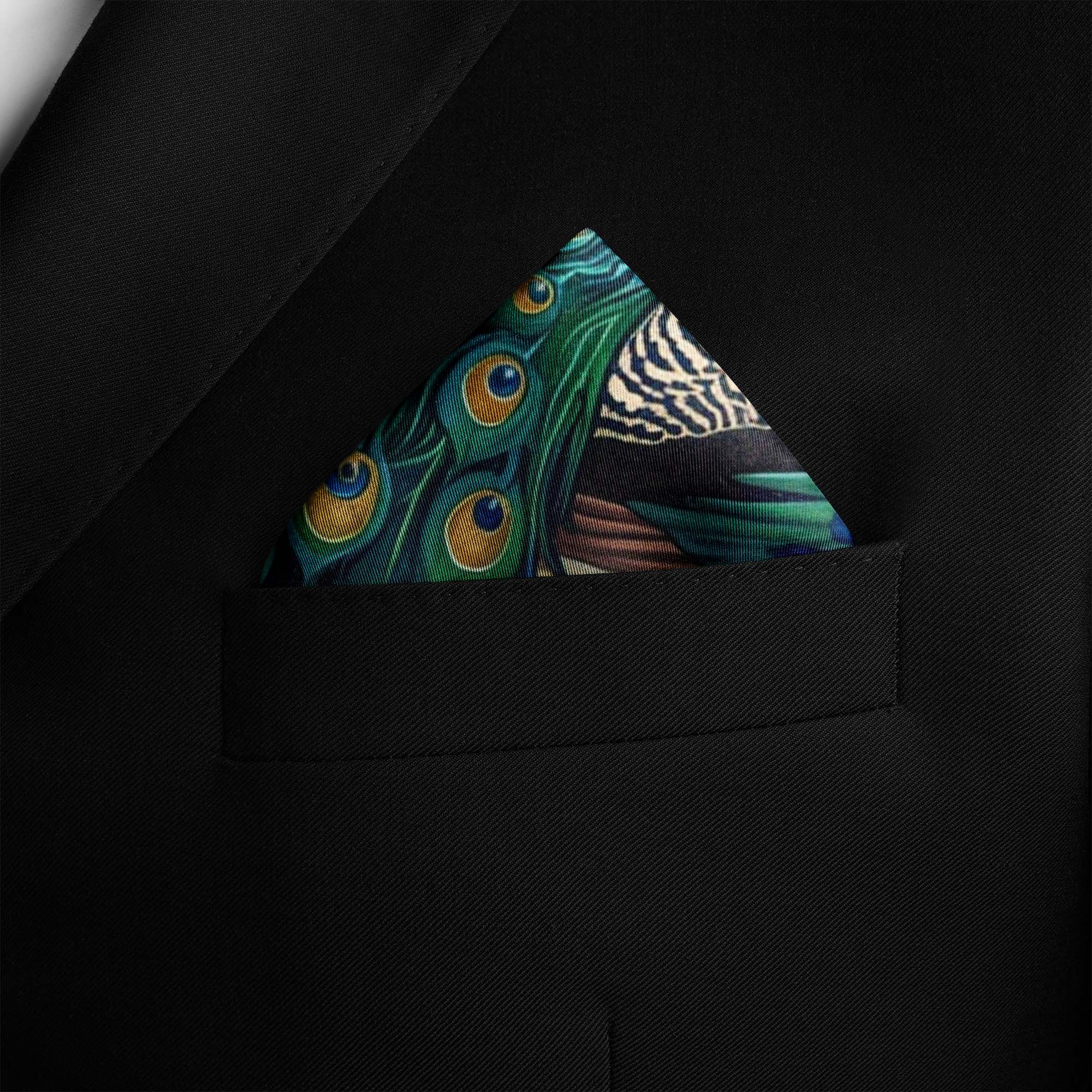 A MAJESTIC PEACOCK SILK POCKET SQUARE 4 A MAJESTIC PEACOCK SILK POCKET SQUARE