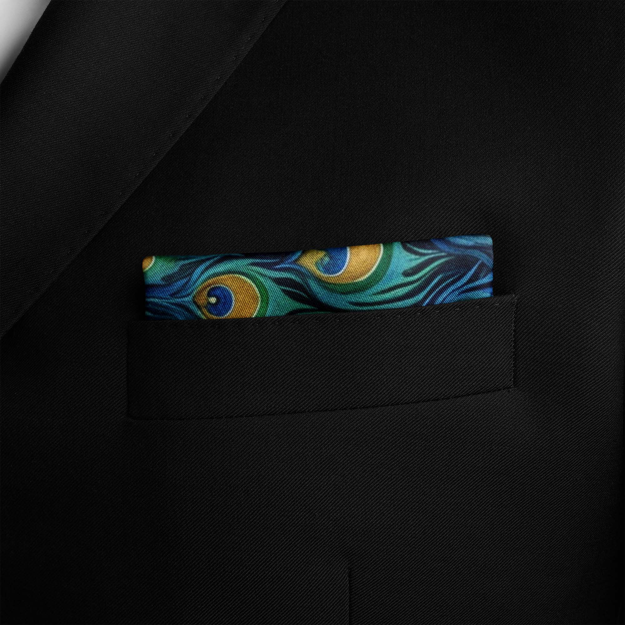 A MAJESTIC PEACOCK SILK POCKET SQUARE 5 A MAJESTIC PEACOCK SILK POCKET SQUARE