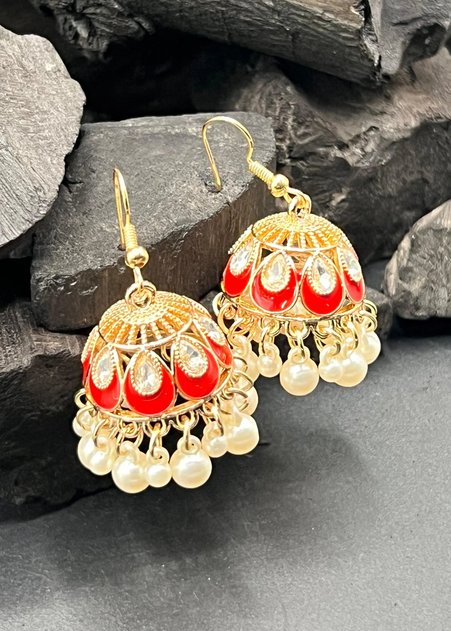 Bold Red & Gold Jhumka Earrings with Pearl Bead Tassels