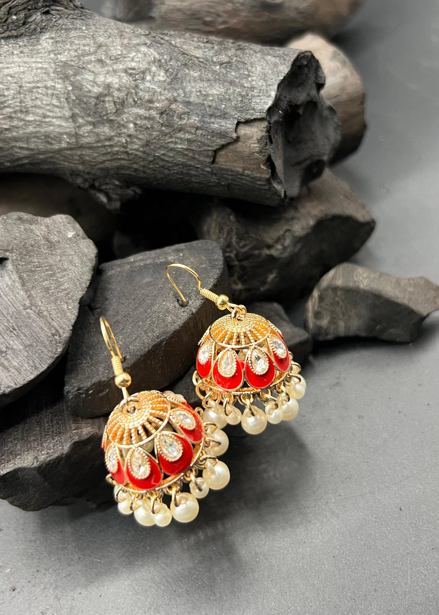 Bold Red & Gold Jhumka Earrings with Pearl Bead Tassels