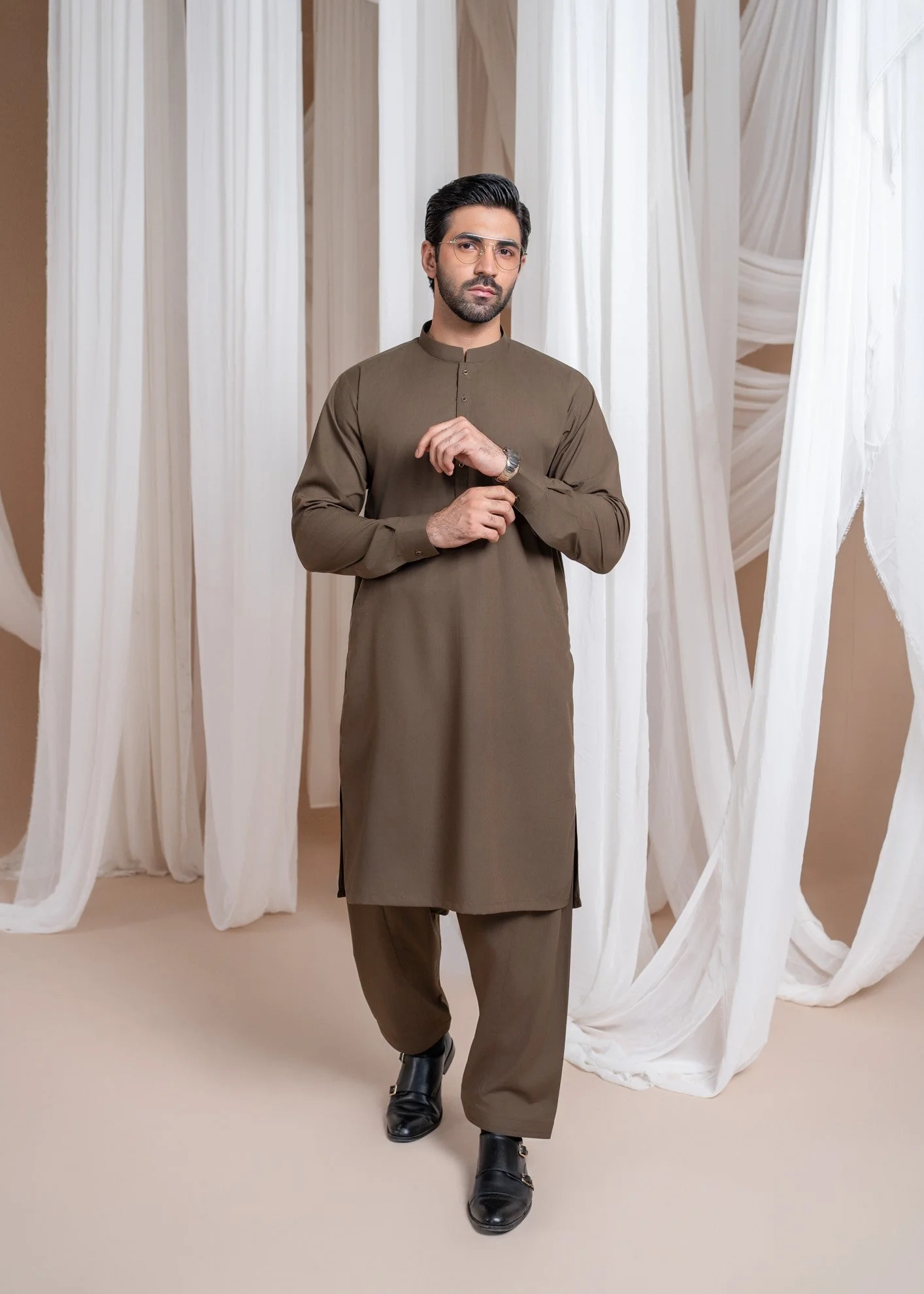 Light Brown Luxury Blended Kurta Shalwar - Men
