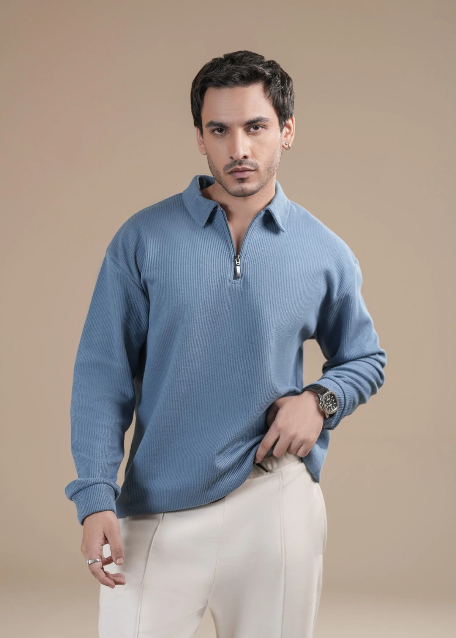 Sky Blue Waffle Zipper Polo - Full Sleeves - Men