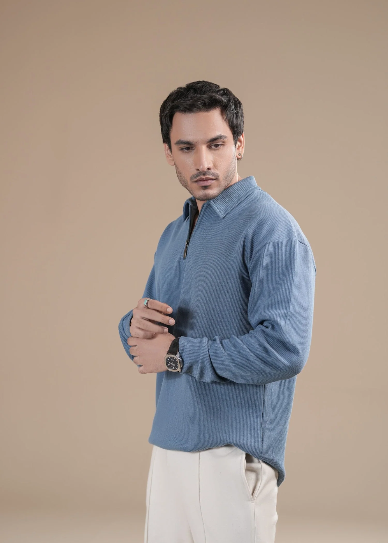 Sky Blue Waffle Zipper Polo - Full Sleeves - Men