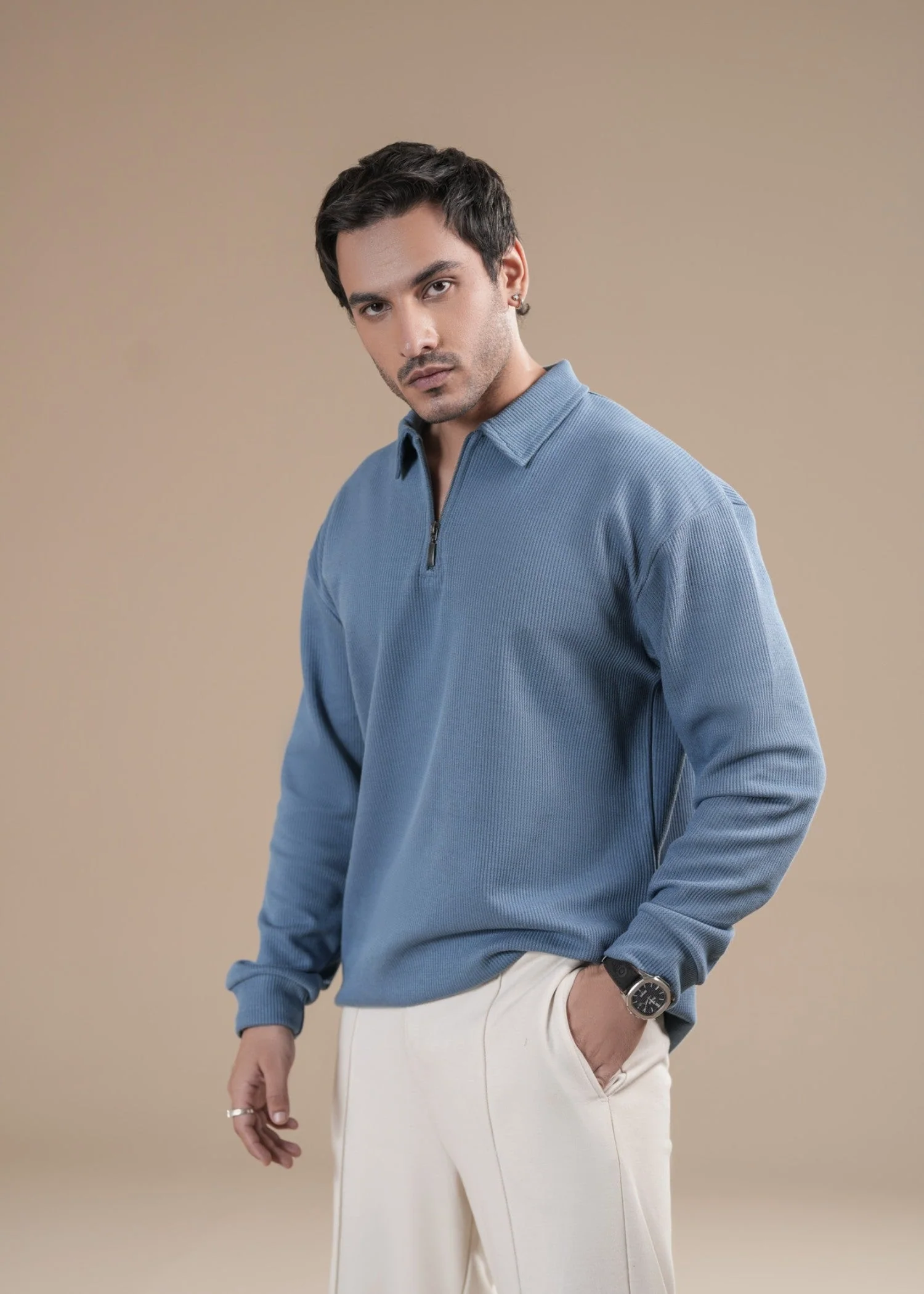 Sky Blue Waffle Zipper Polo - Full Sleeves - Men