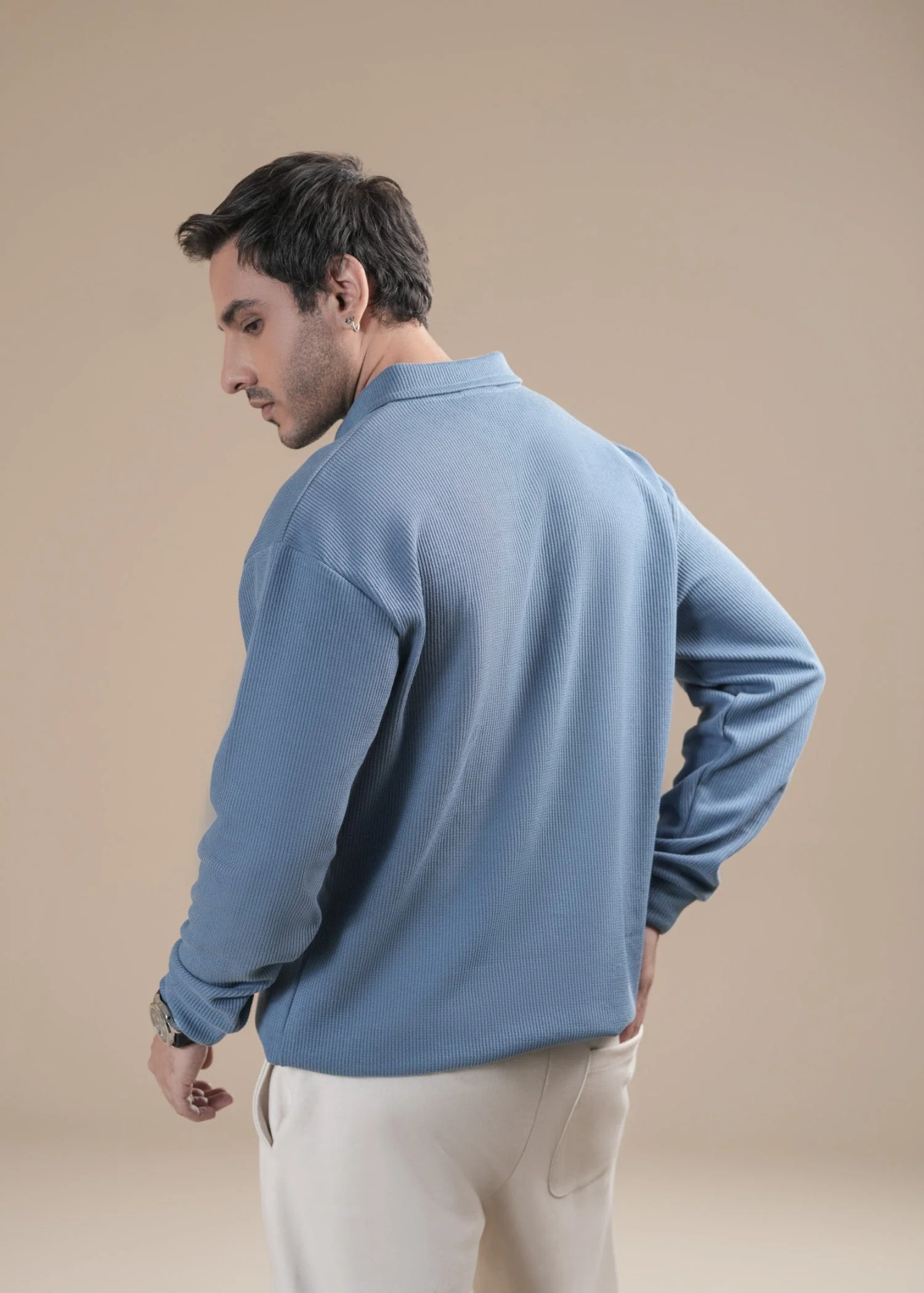Sky Blue Waffle Zipper Polo - Full Sleeves - Men