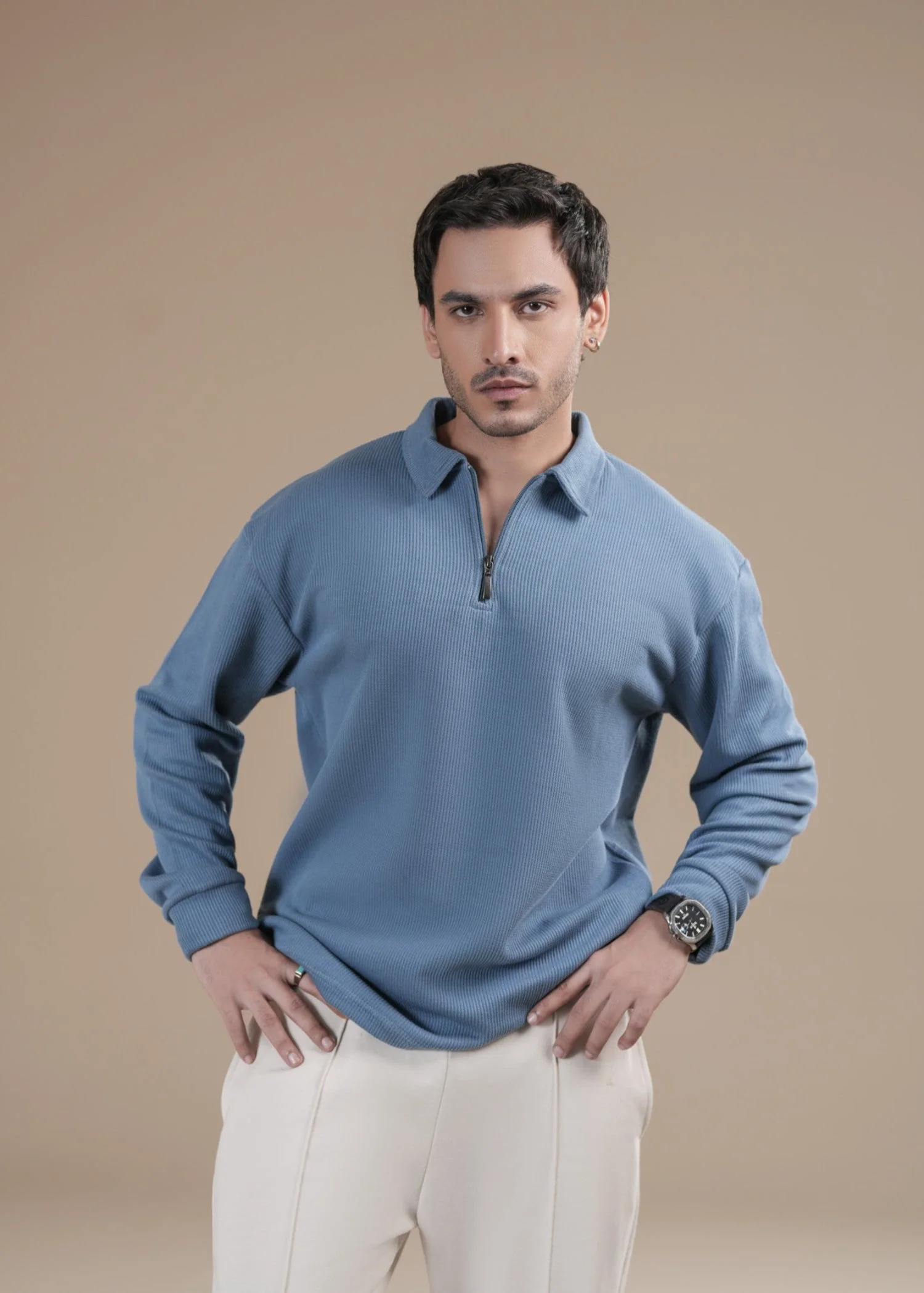 Sky Blue Waffle Zipper Polo - Full Sleeves - Men
