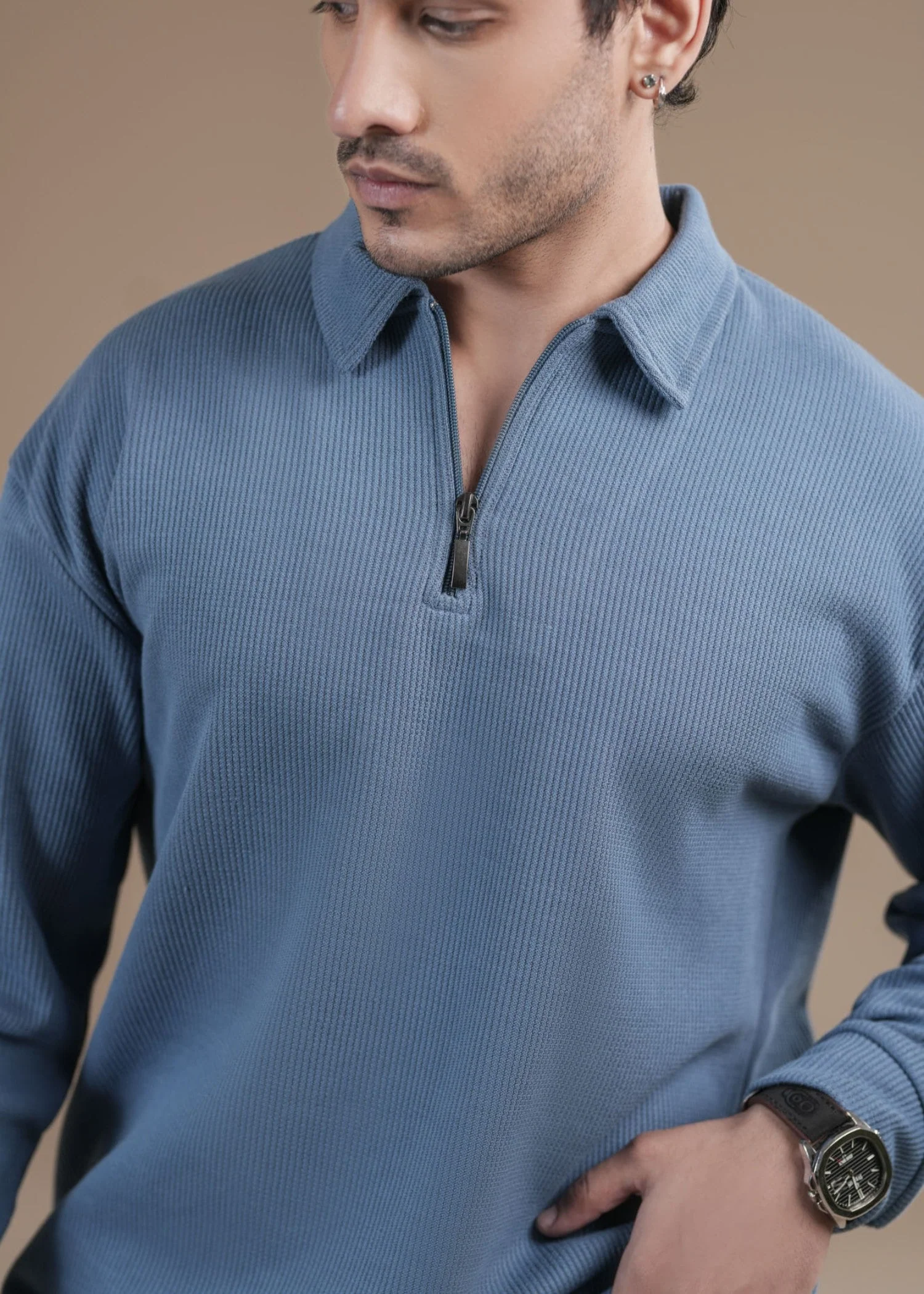 Sky Blue Waffle Zipper Polo - Full Sleeves - Men