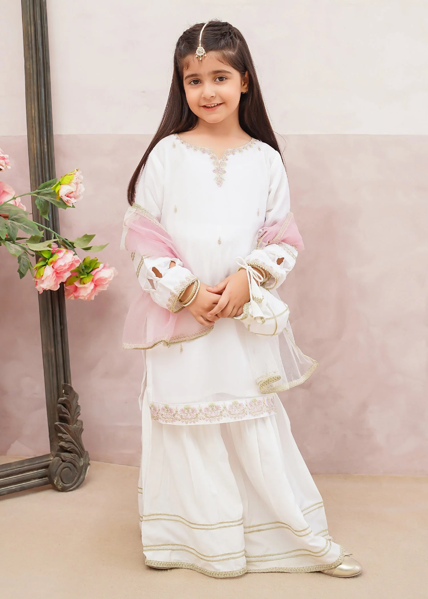 3 Piece White Crinkle Embroidered Gharara