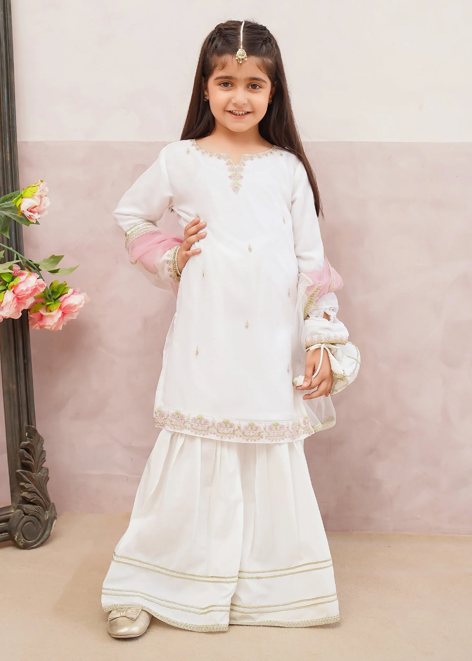 3 Piece White Crinkle Embroidered Gharara
