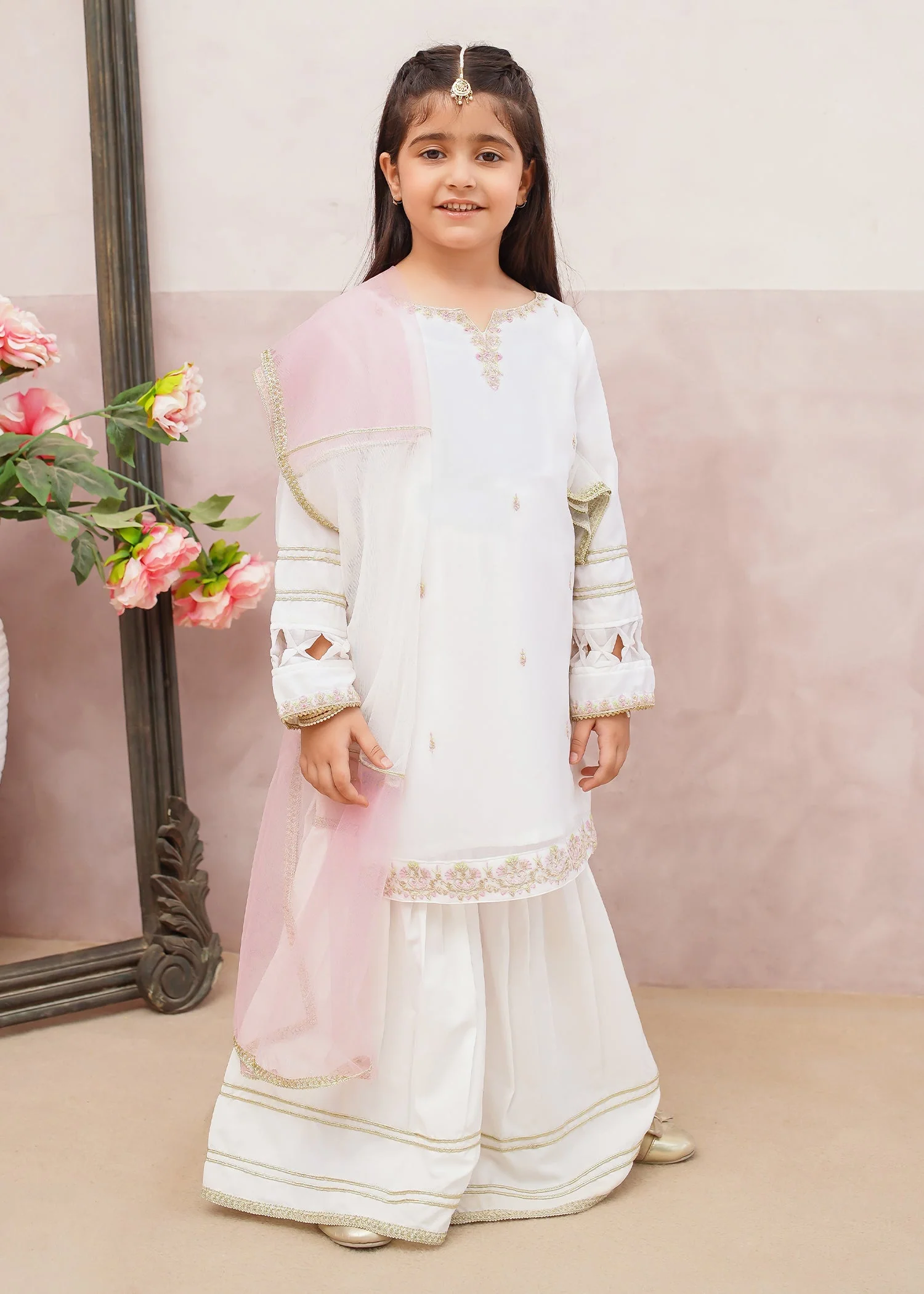 3 Piece White Crinkle Embroidered Gharara