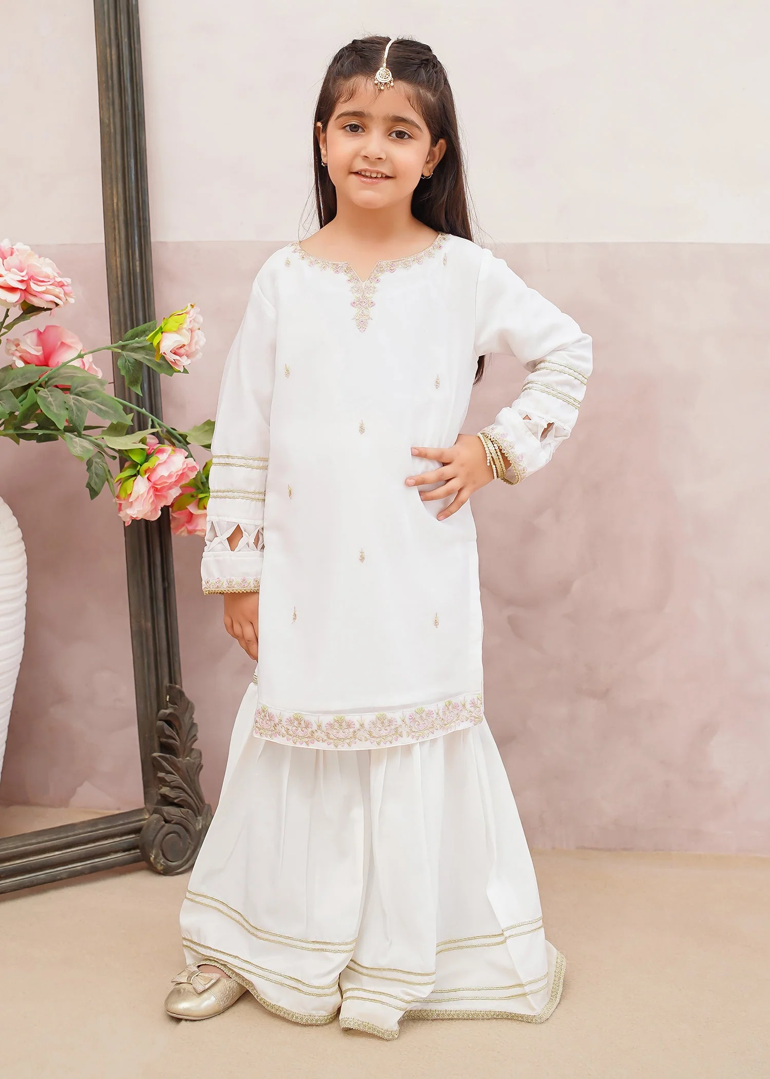 3 Piece White Crinkle Embroidered Gharara