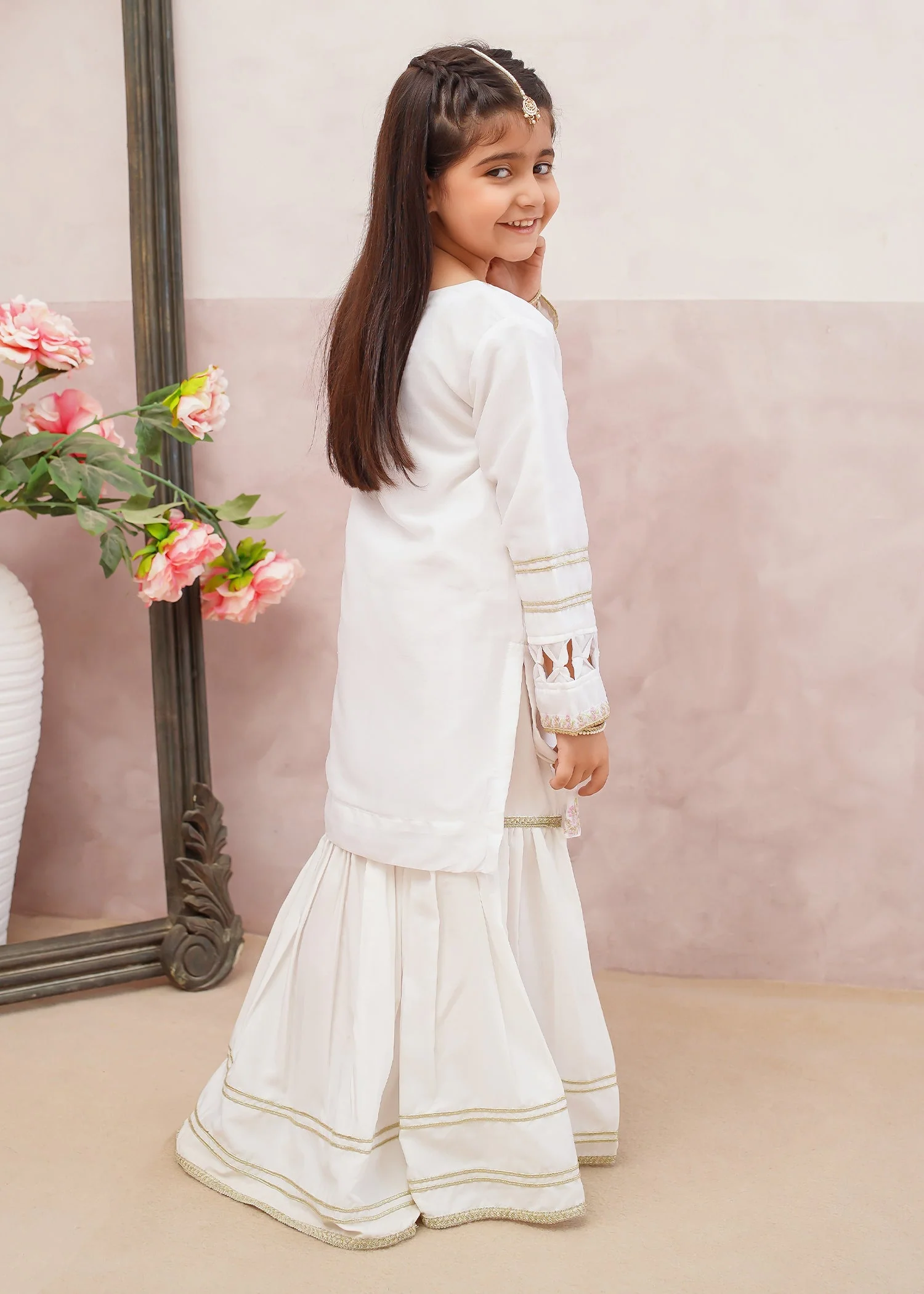 3 Piece White Crinkle Embroidered Gharara