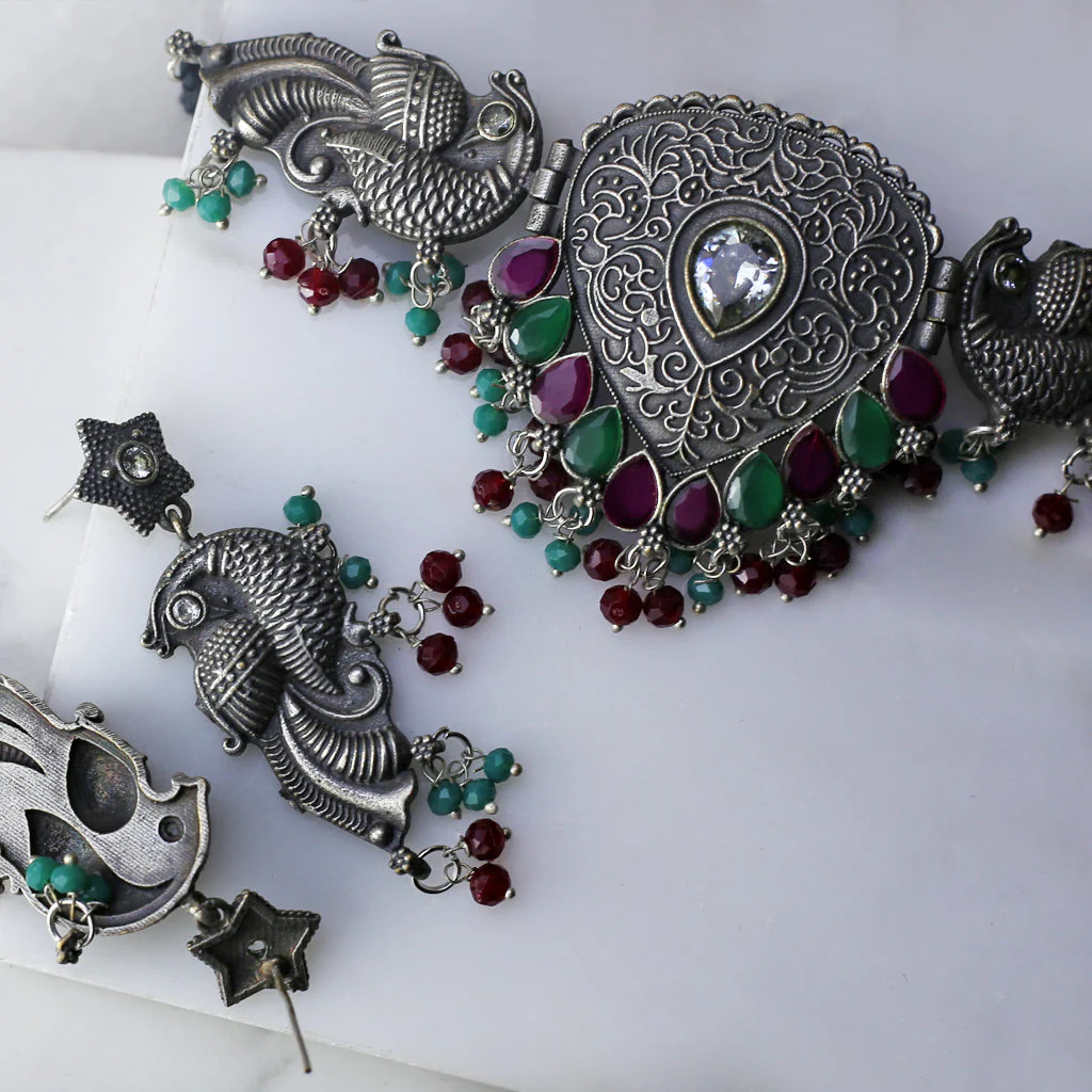 Multicolour Tribal Peacock Choker with Earrings