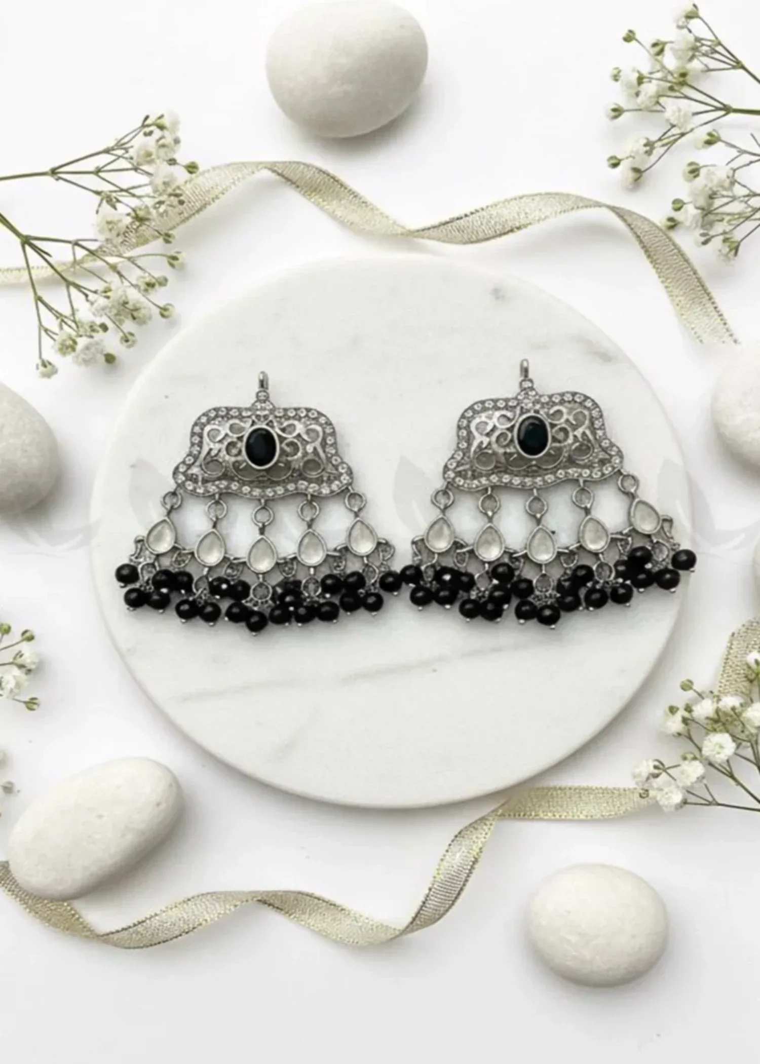 Elegant Tassel Moti Work Earrings-Silver Black
