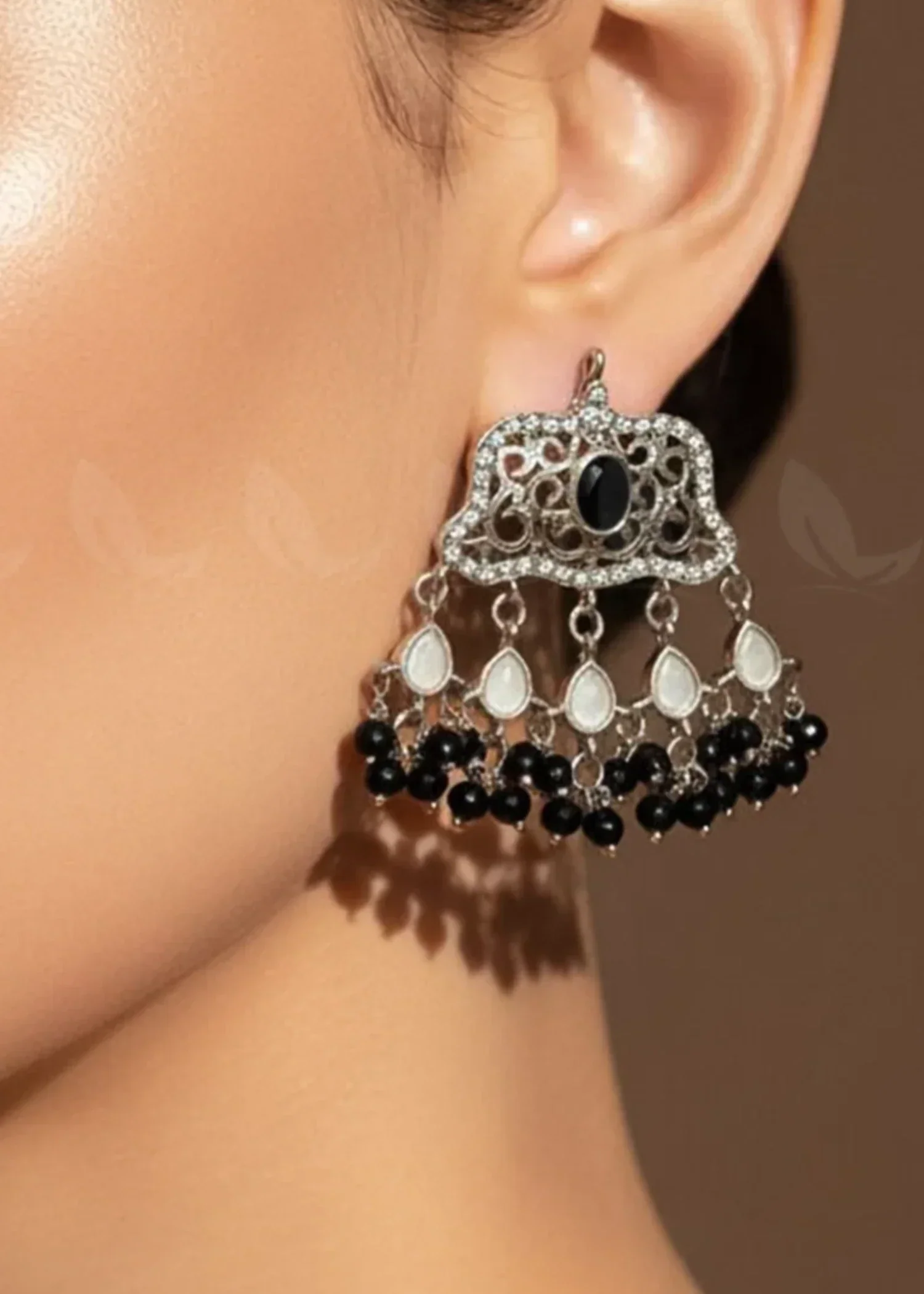 Elegant Tassel Moti Work Earrings-Silver Black